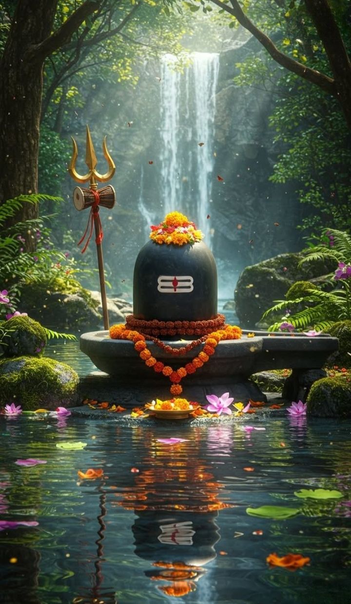 Shiva Linga amidst a lush forest scene