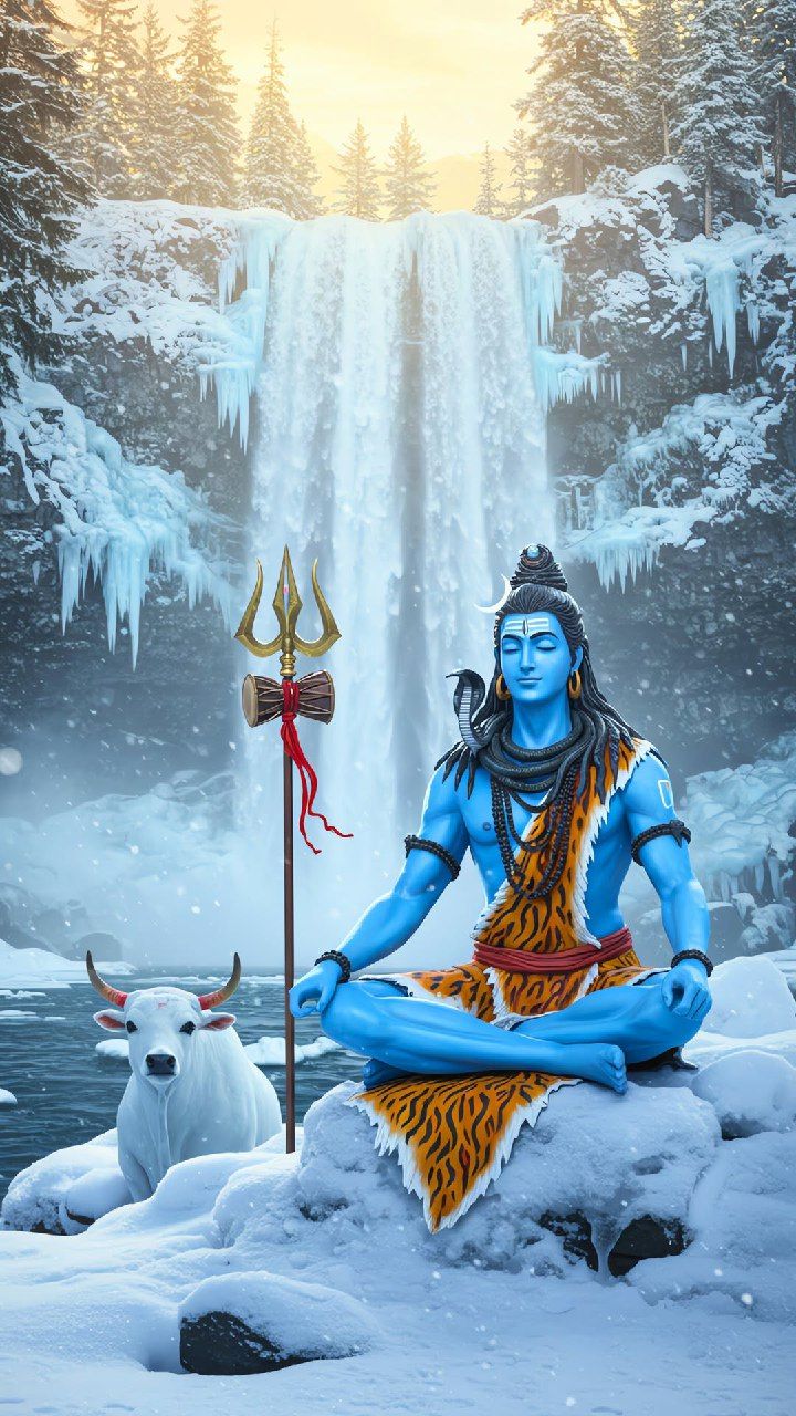 Shiva meditating in snowy mountains