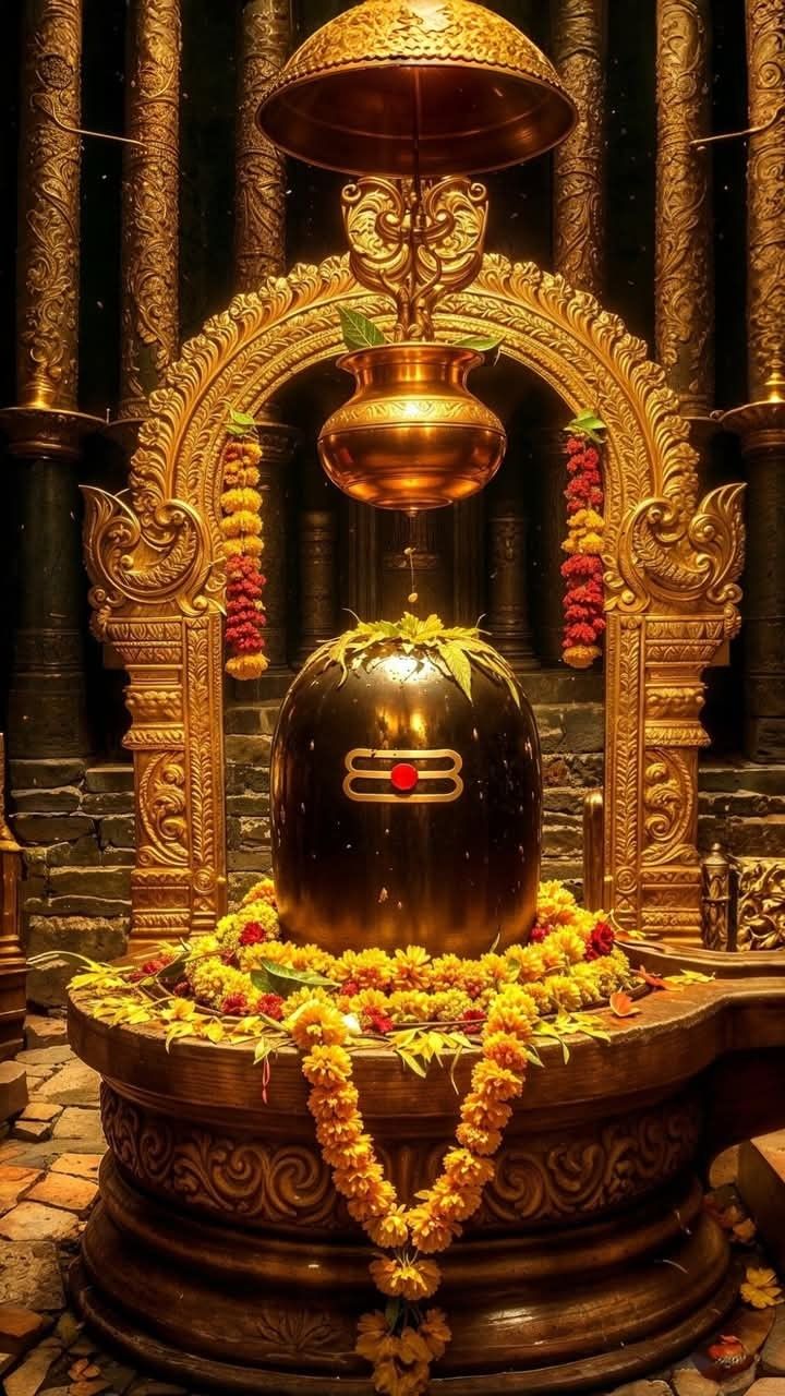 Golden shivalinga in ornate temple setting