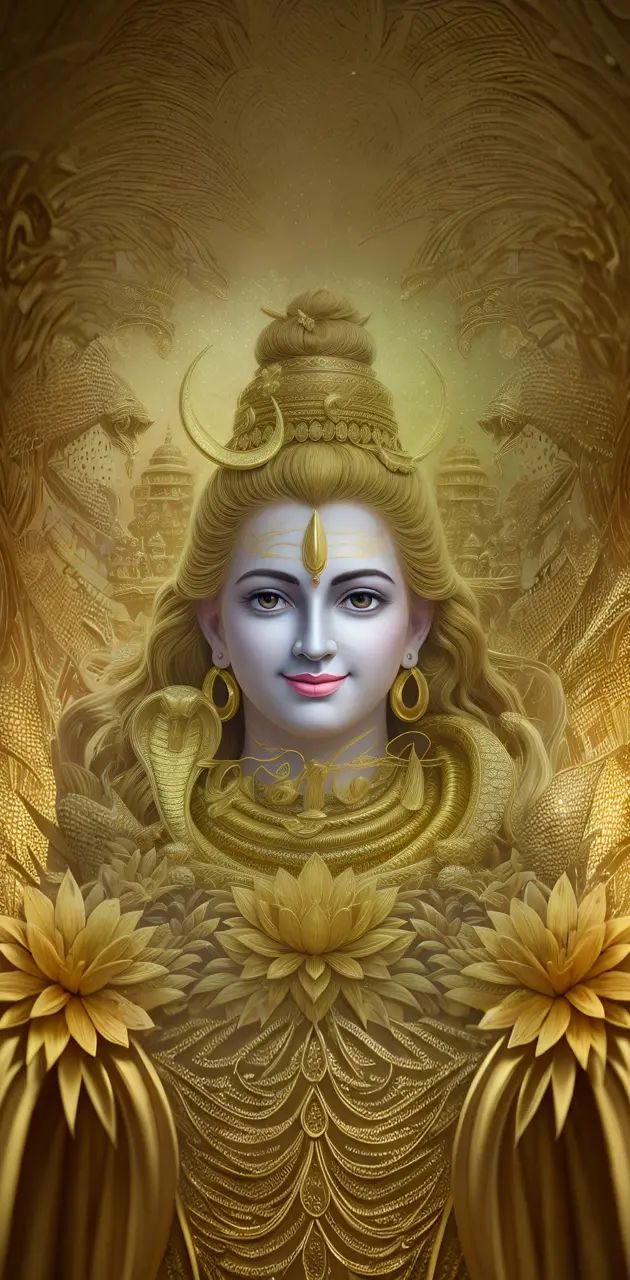 Lord Shiva with golden lotus flowers