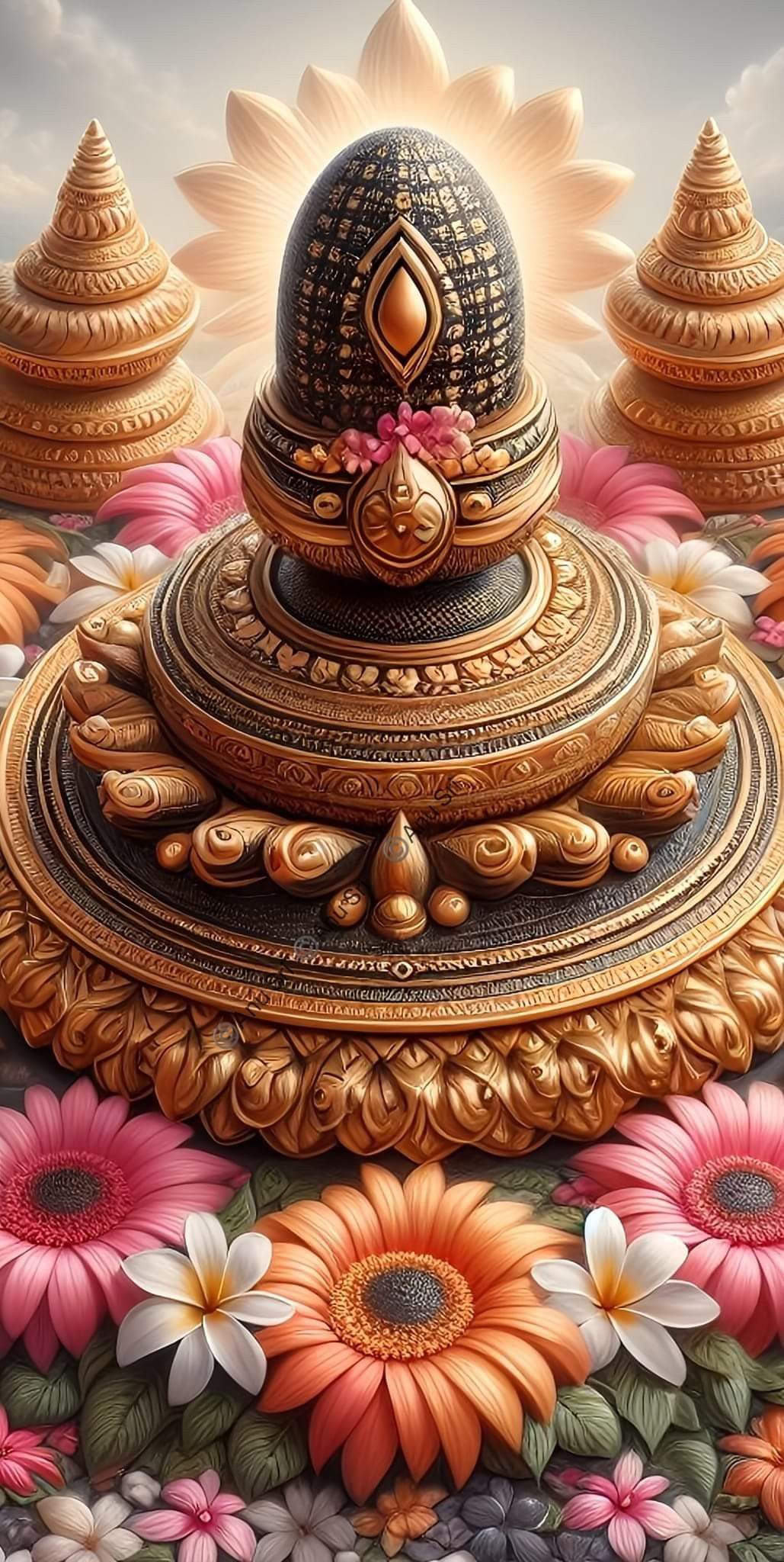 Golden shiva linga surrounded by flowers