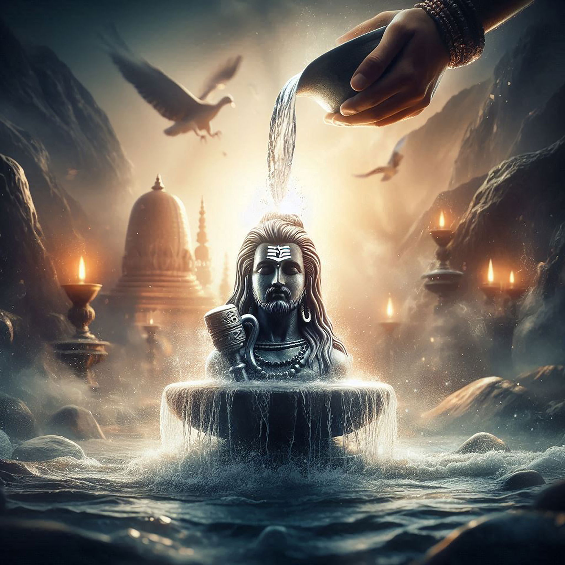 Shiva receiving water offering in Himalayas