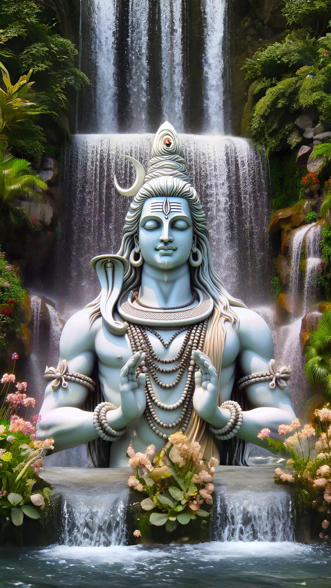 Meditating Shiva amidst a waterfall scene.