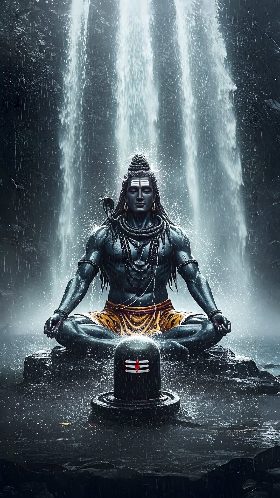 Shiva meditating amidst a waterfall