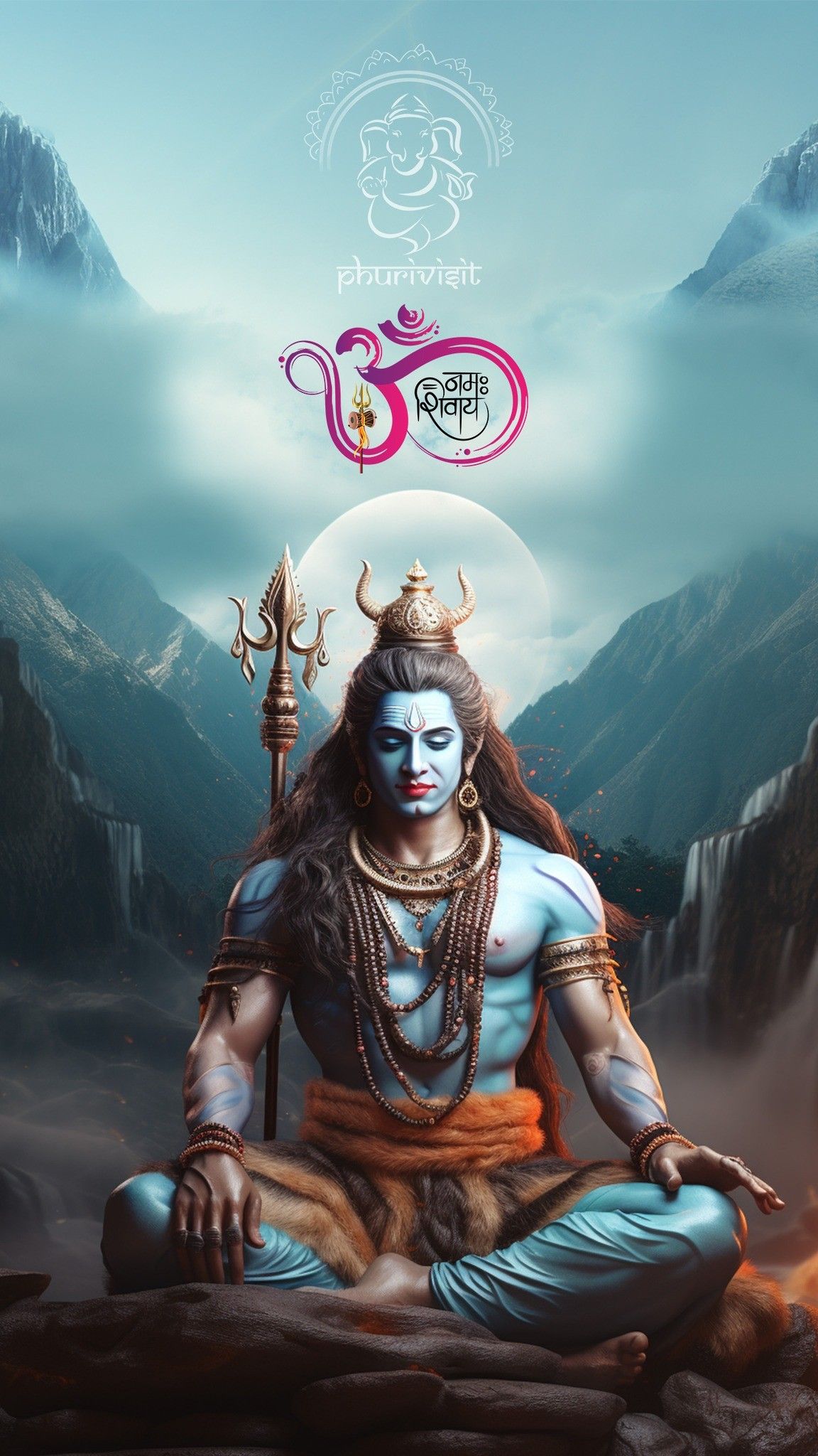 Meditating Shiva amidst Himalayan mountains.