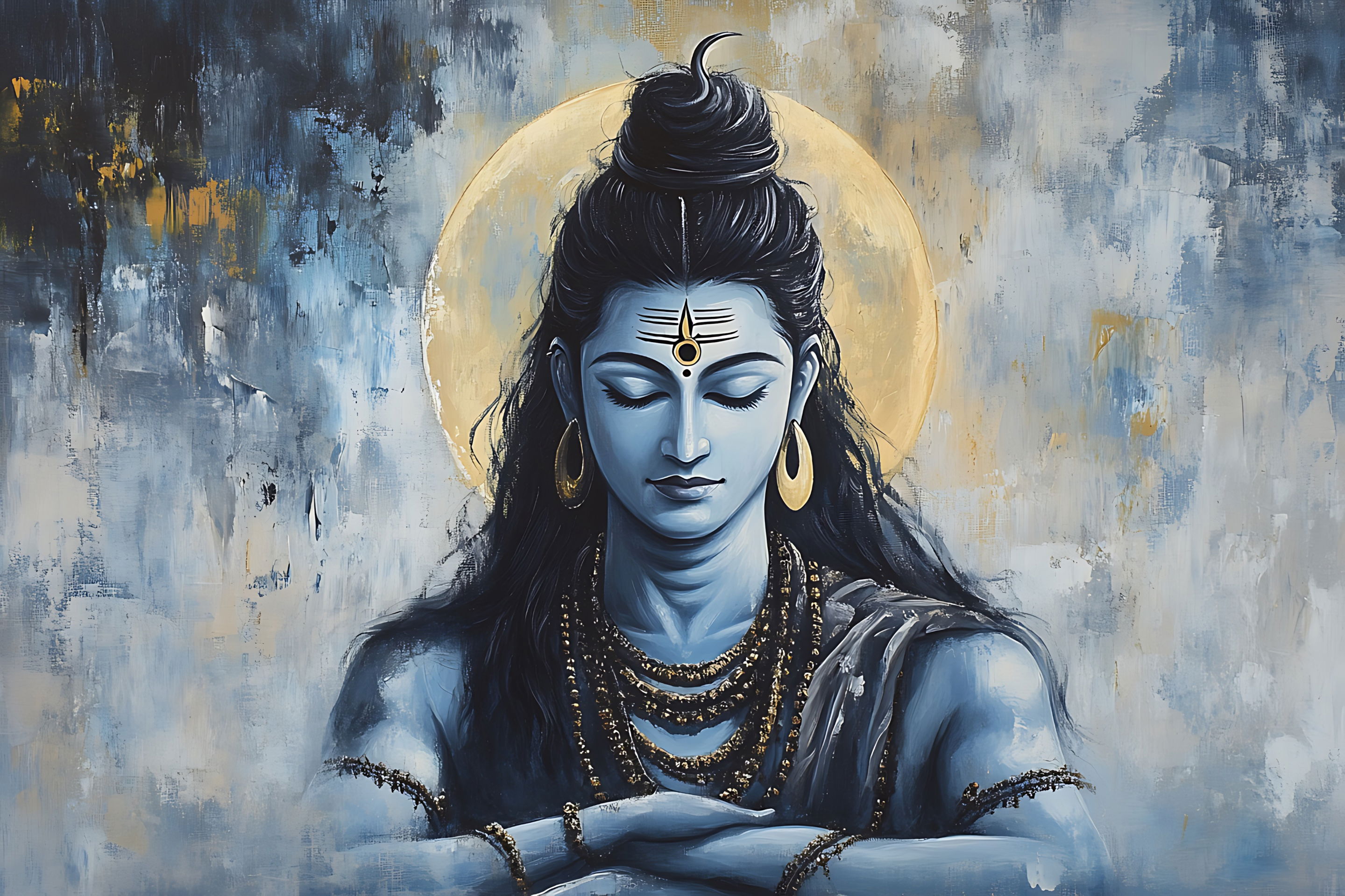 Serene Shiva painting, eyes closed meditating