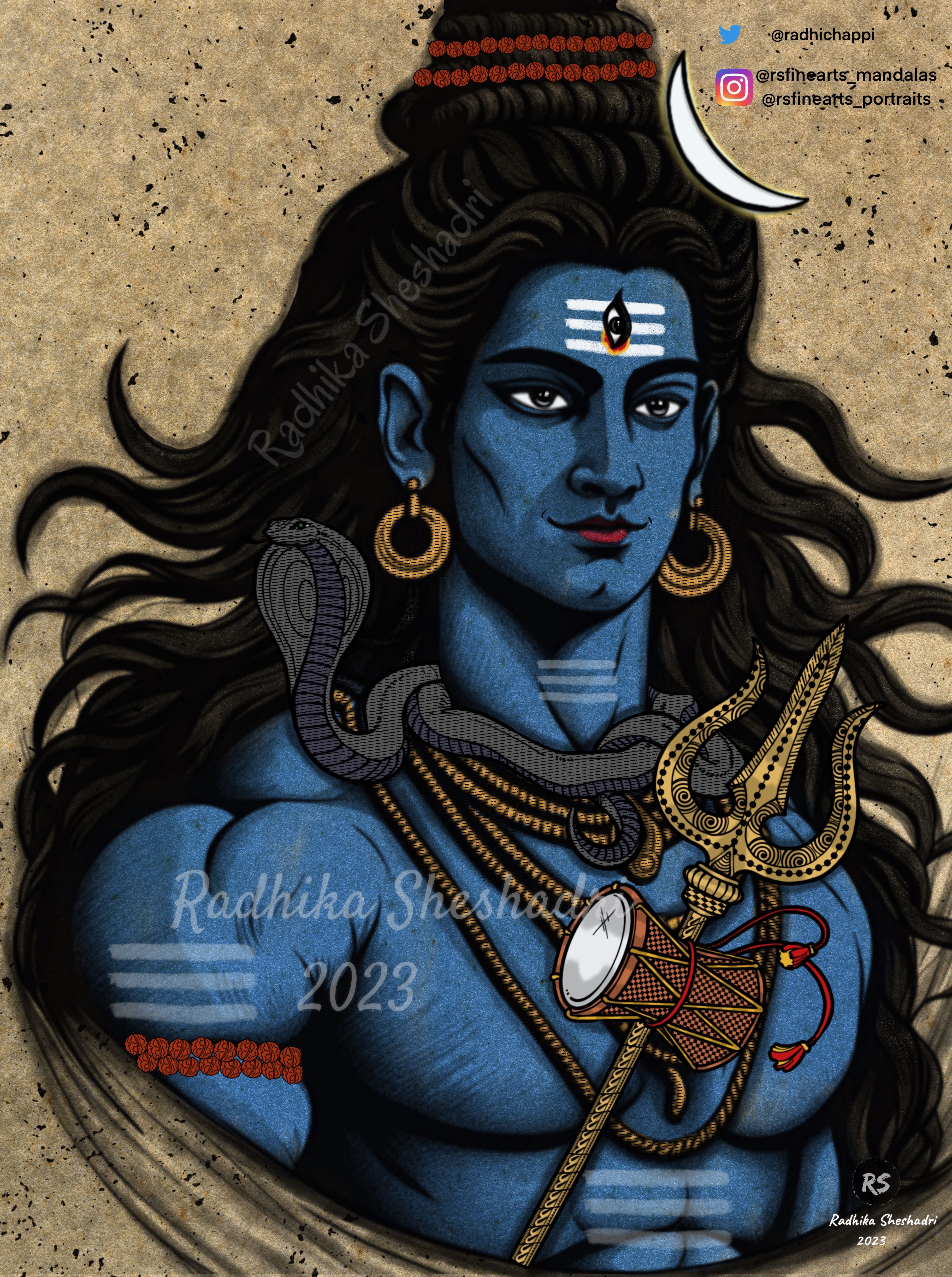 Lord Shiva portrait with trident and serpent.