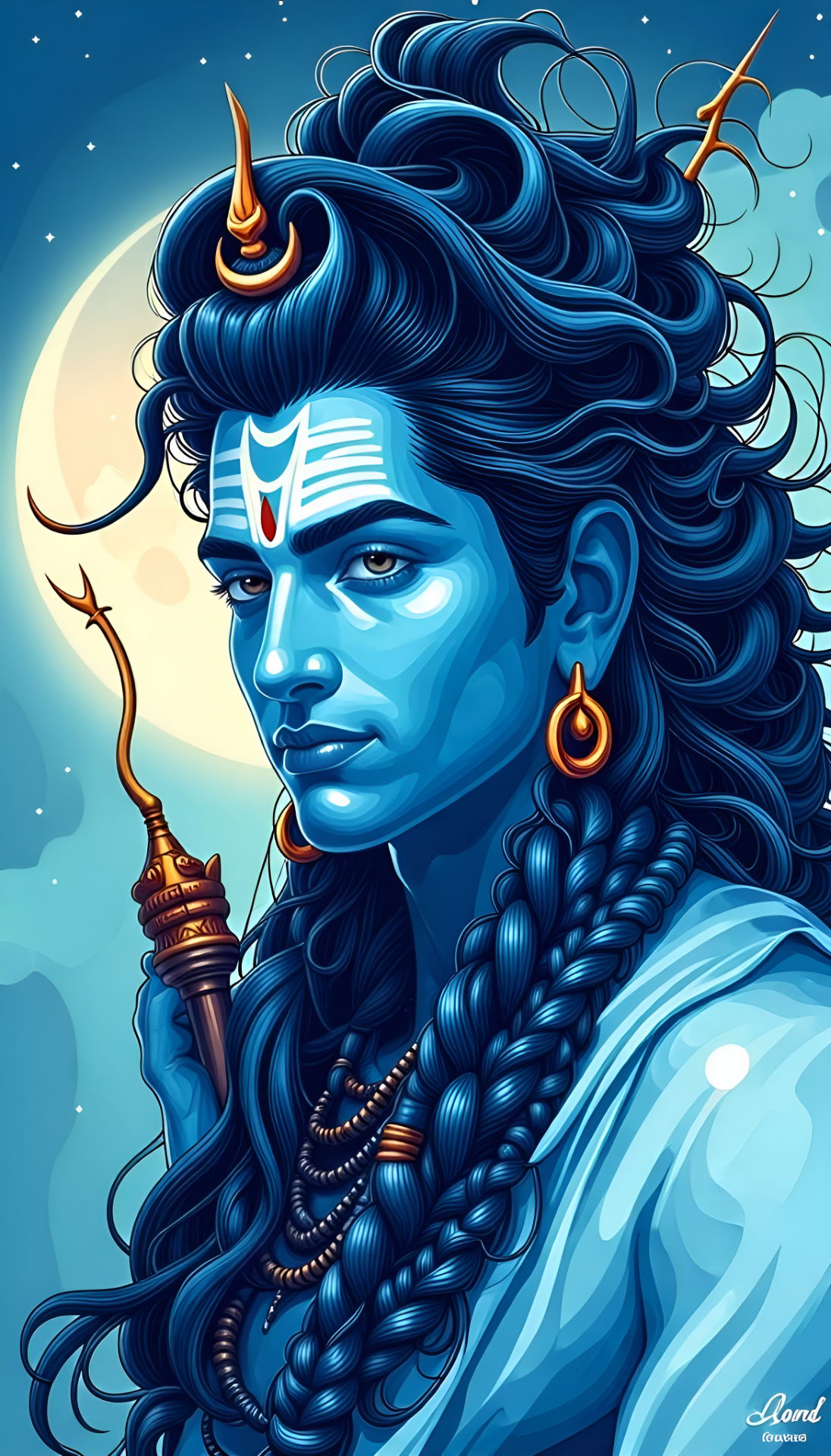 Blue-skinned Shiva with Trishul portrait.
