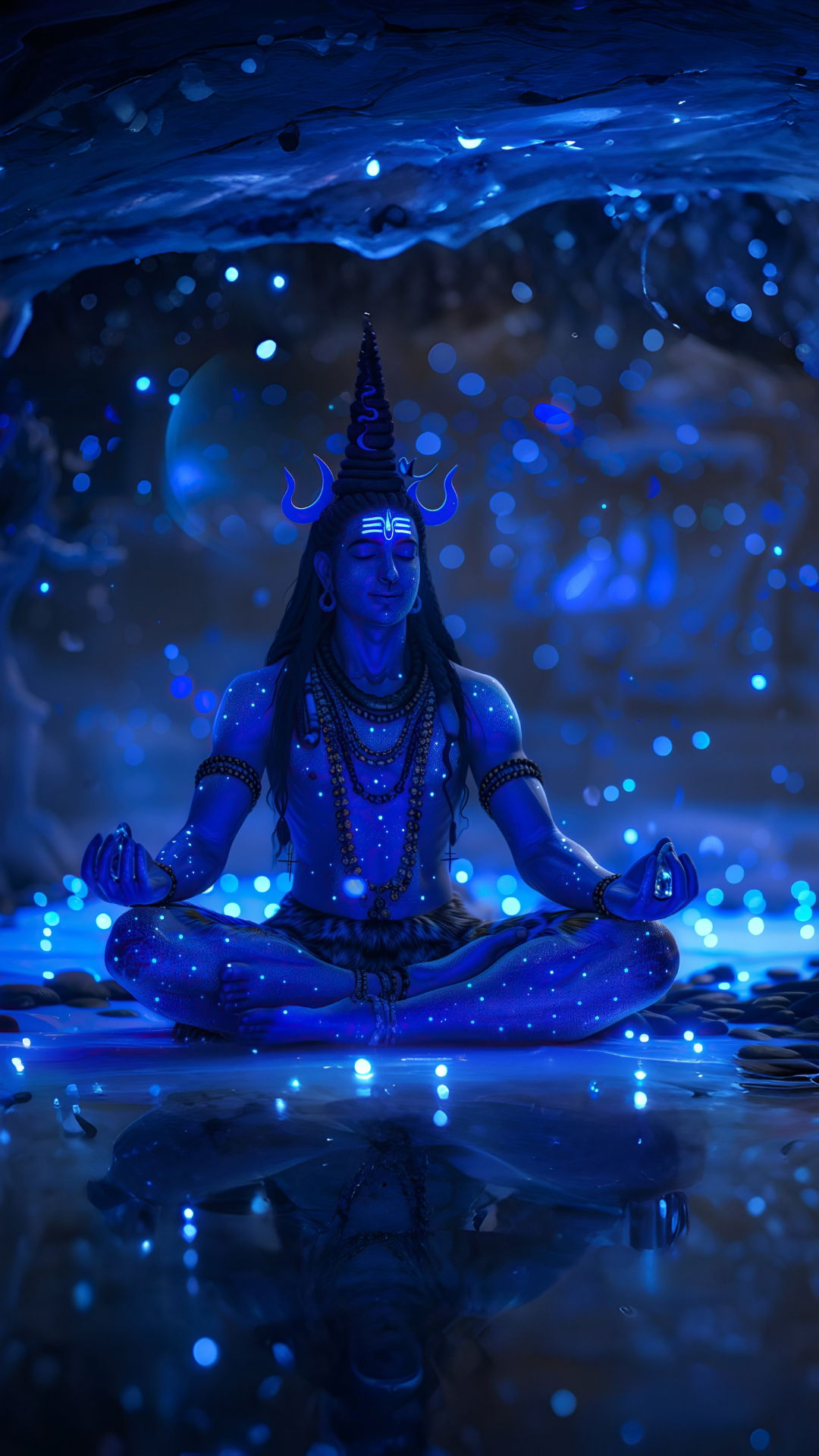 Meditating Shiva amidst cosmic blue energy