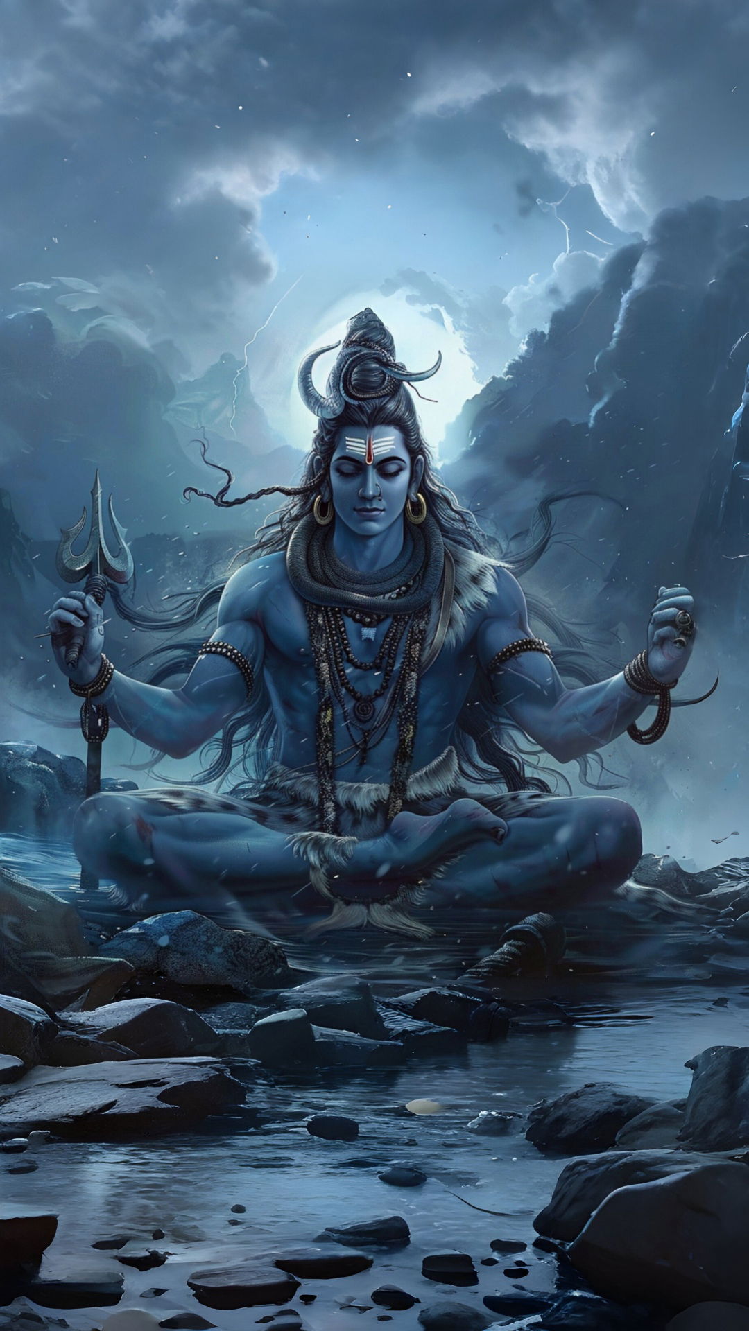 Meditating Shiva amidst stormy mountain backdrop