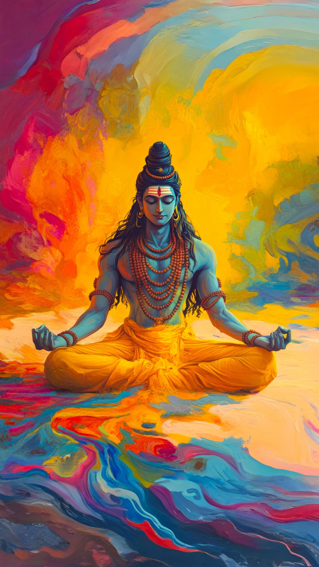 Meditating Shiva amidst colorful energy.