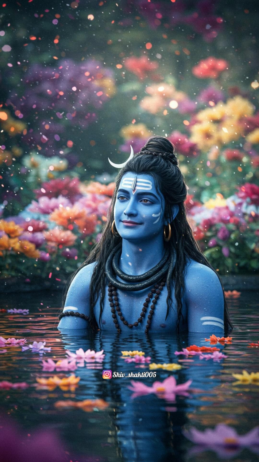 Blue-skinned Shiva amidst lotus flowers.