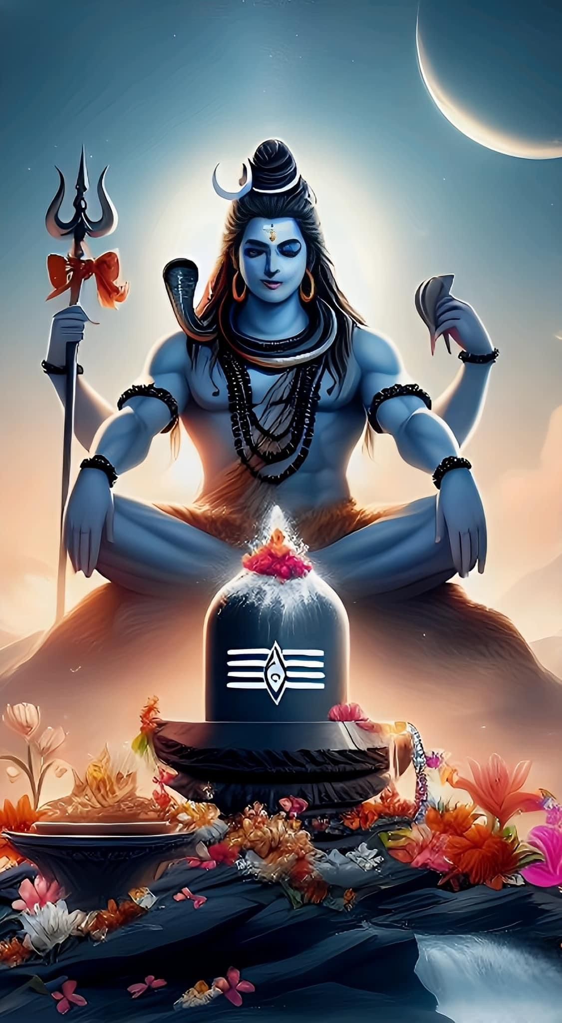 Blue-skinned Shiva meditating with trident