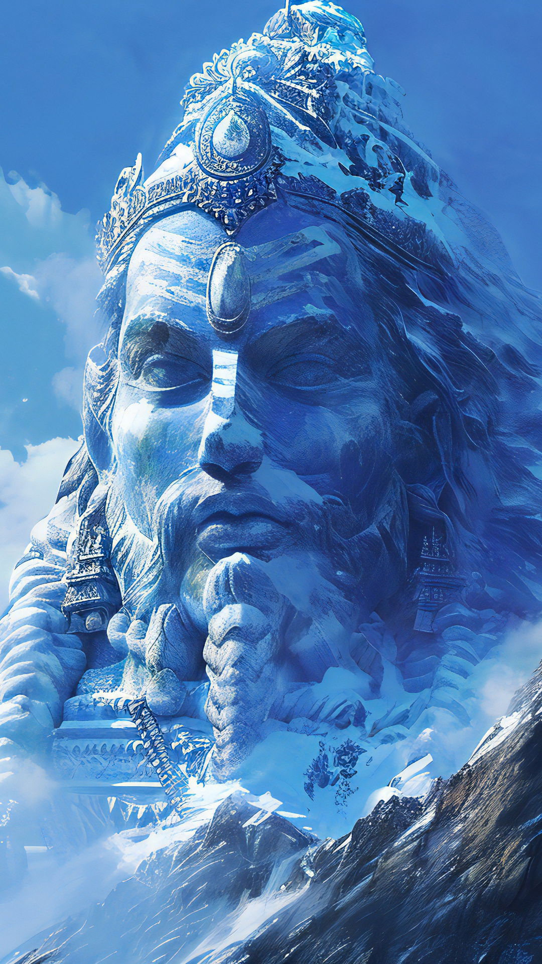 Blue Shiva meditating in Himalayas