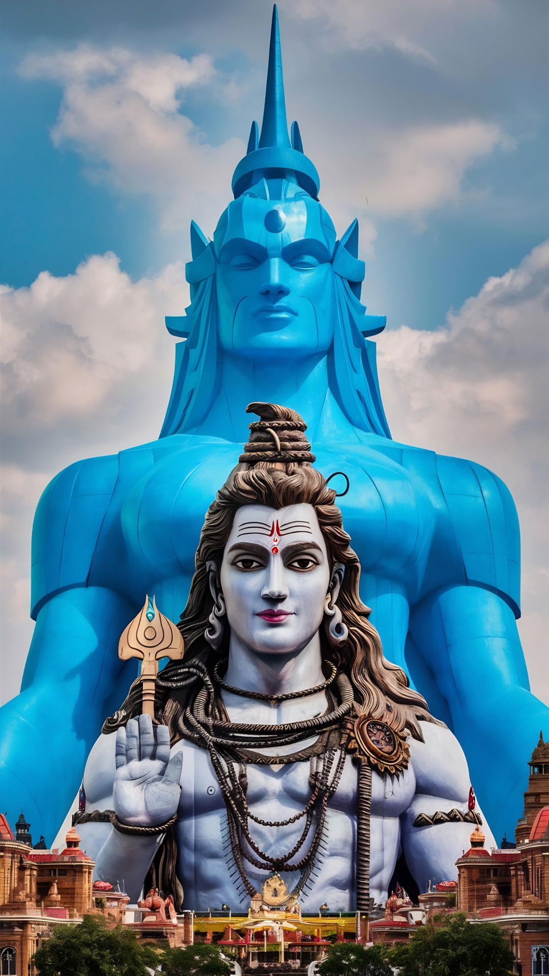 Majestic blue Shiva statue overlooking temple.