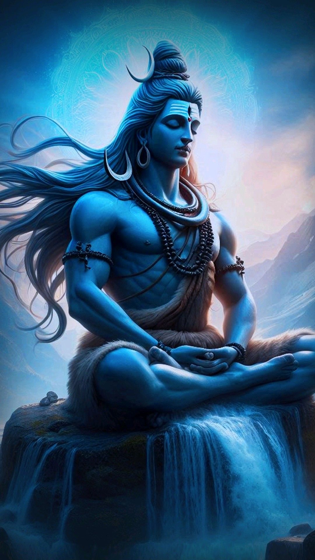 Meditating Shiva amidst Himalayan waterfall