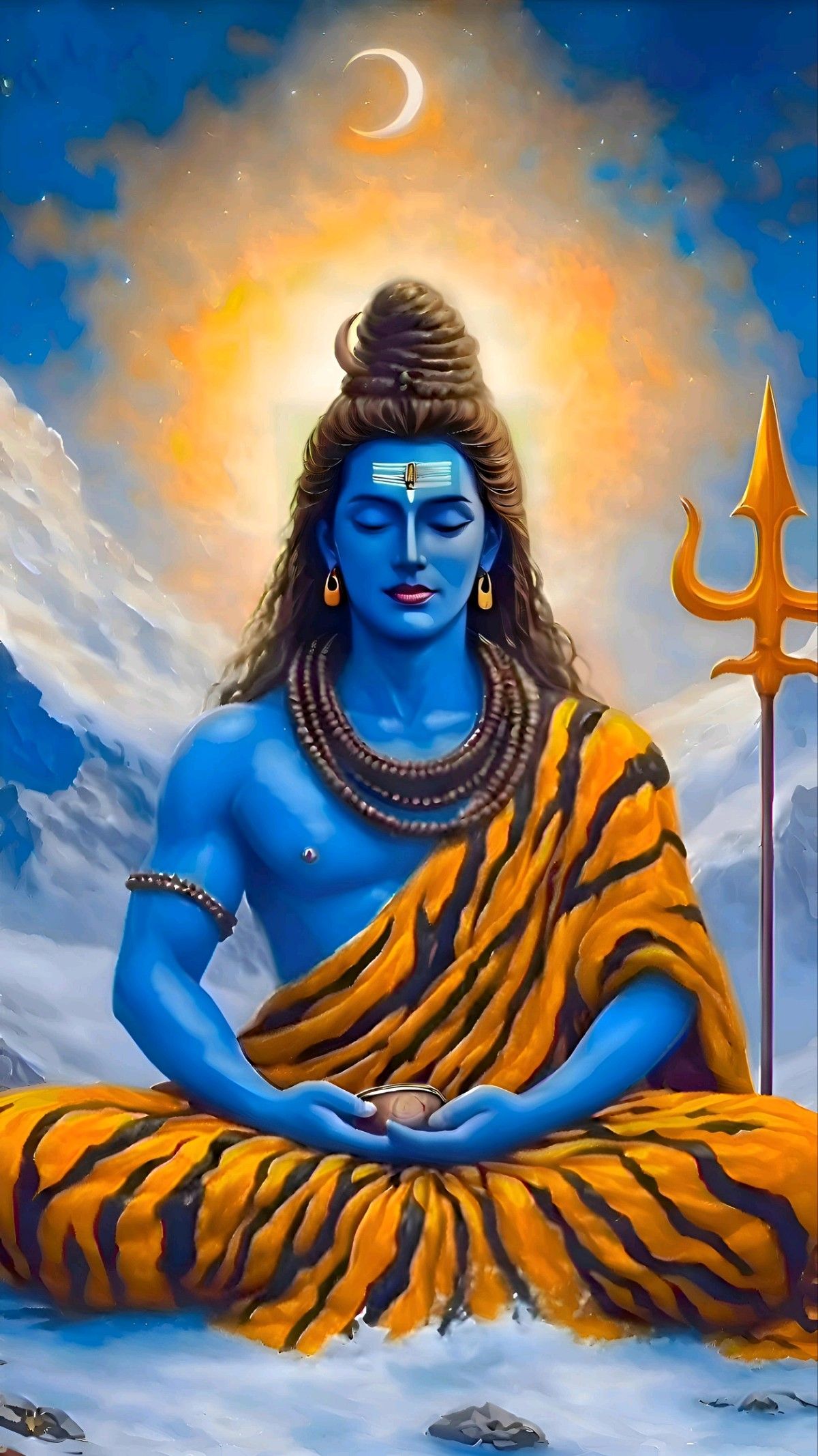 Meditating Shiva amidst snowy mountains.