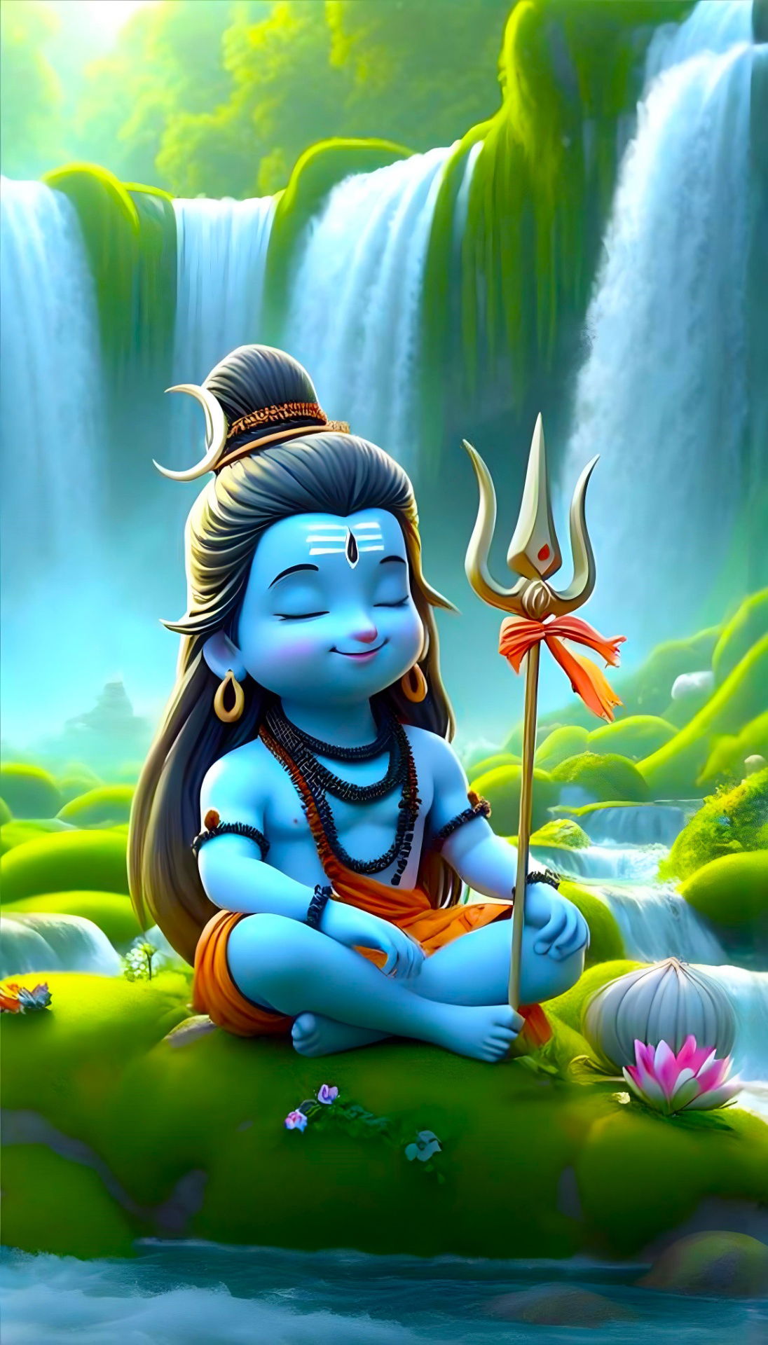 Young Shiva meditating near waterfall