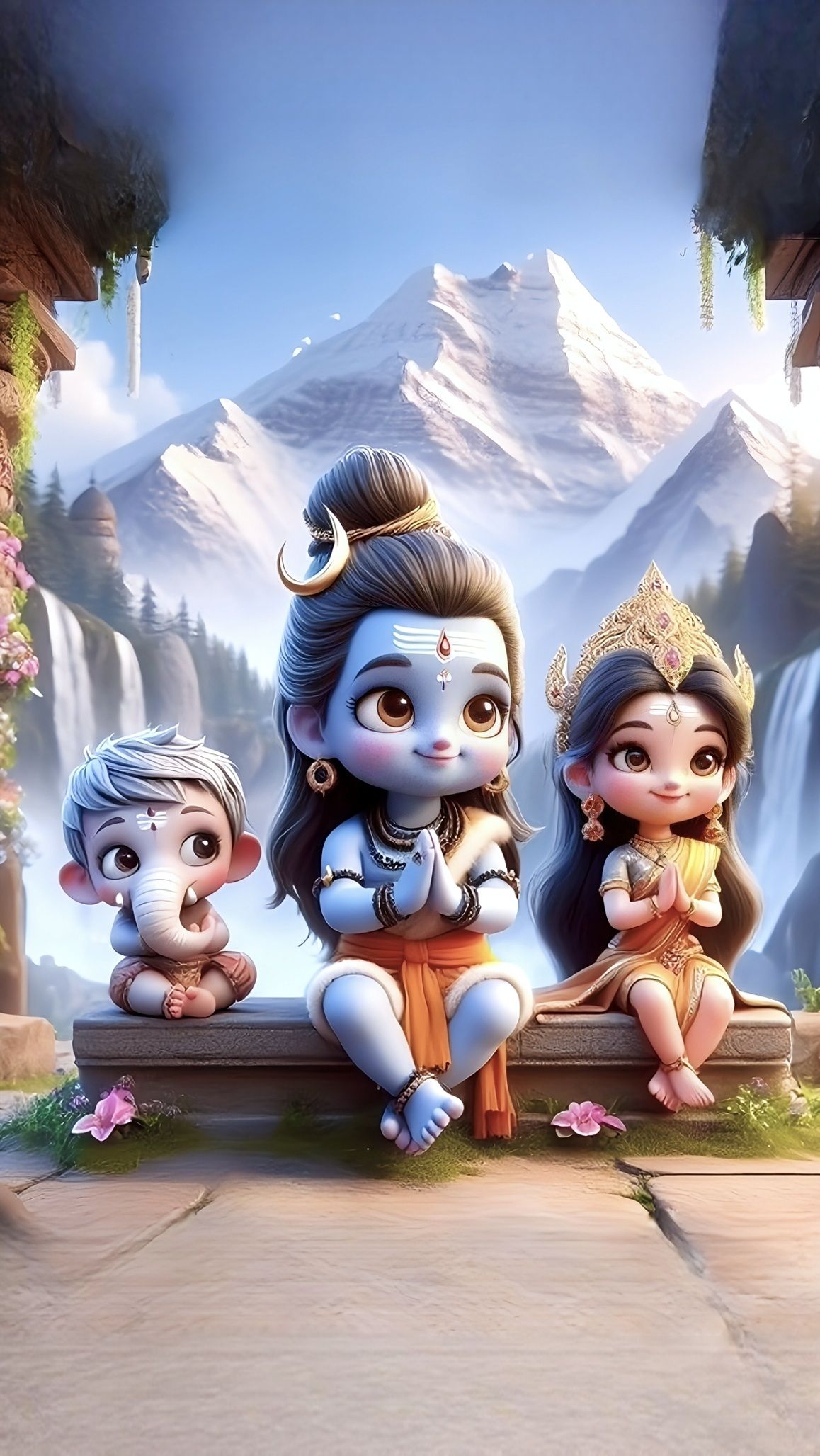 Baby Shiva, Ganesha and Parvati illustration