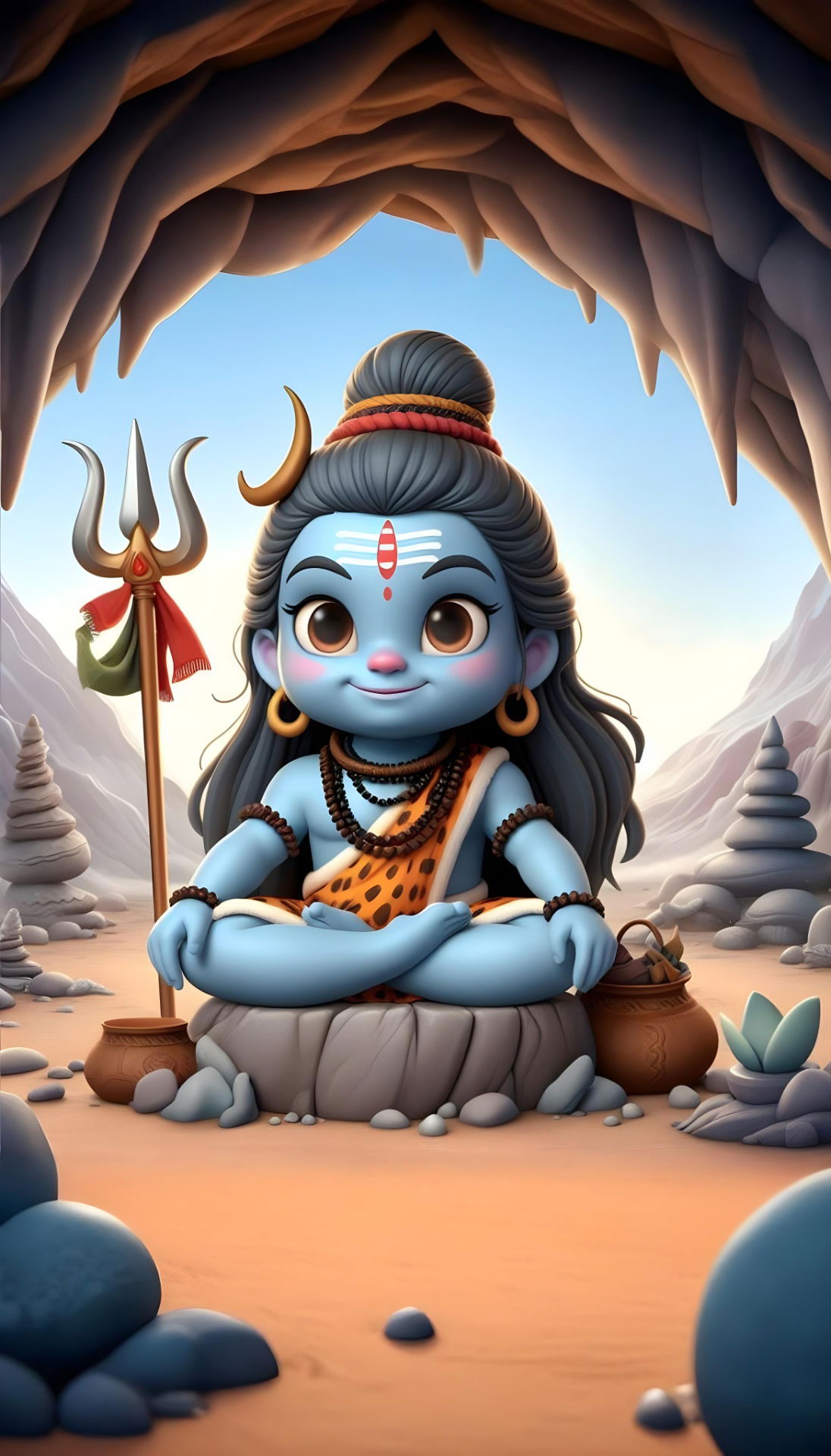 Cute baby Shiva meditating in mountains
