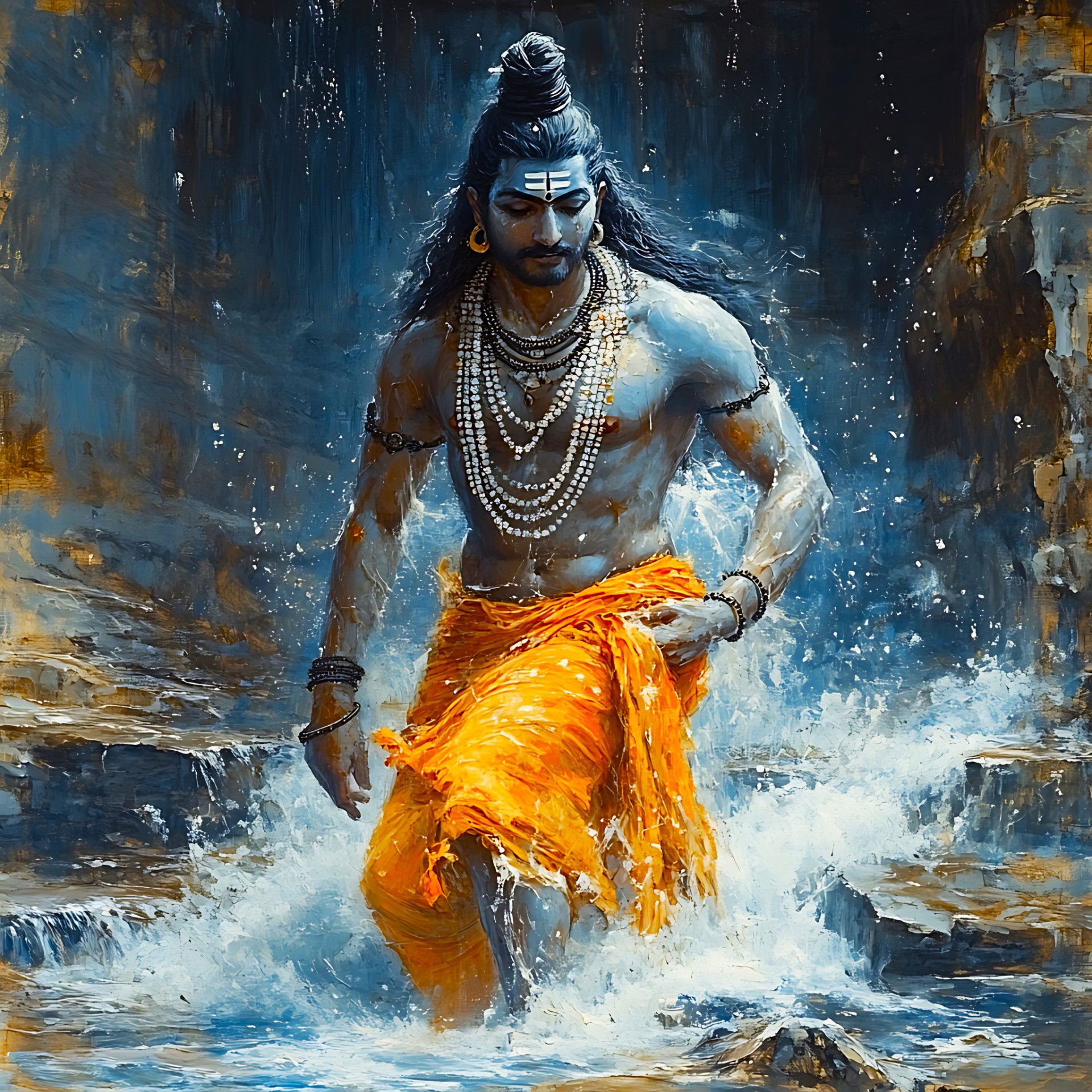 Shiva emerging from a powerful waterfall.
