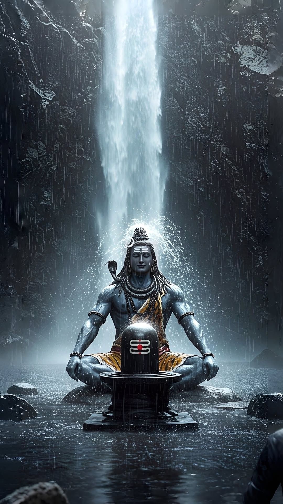 Shiva meditating beneath a waterfall