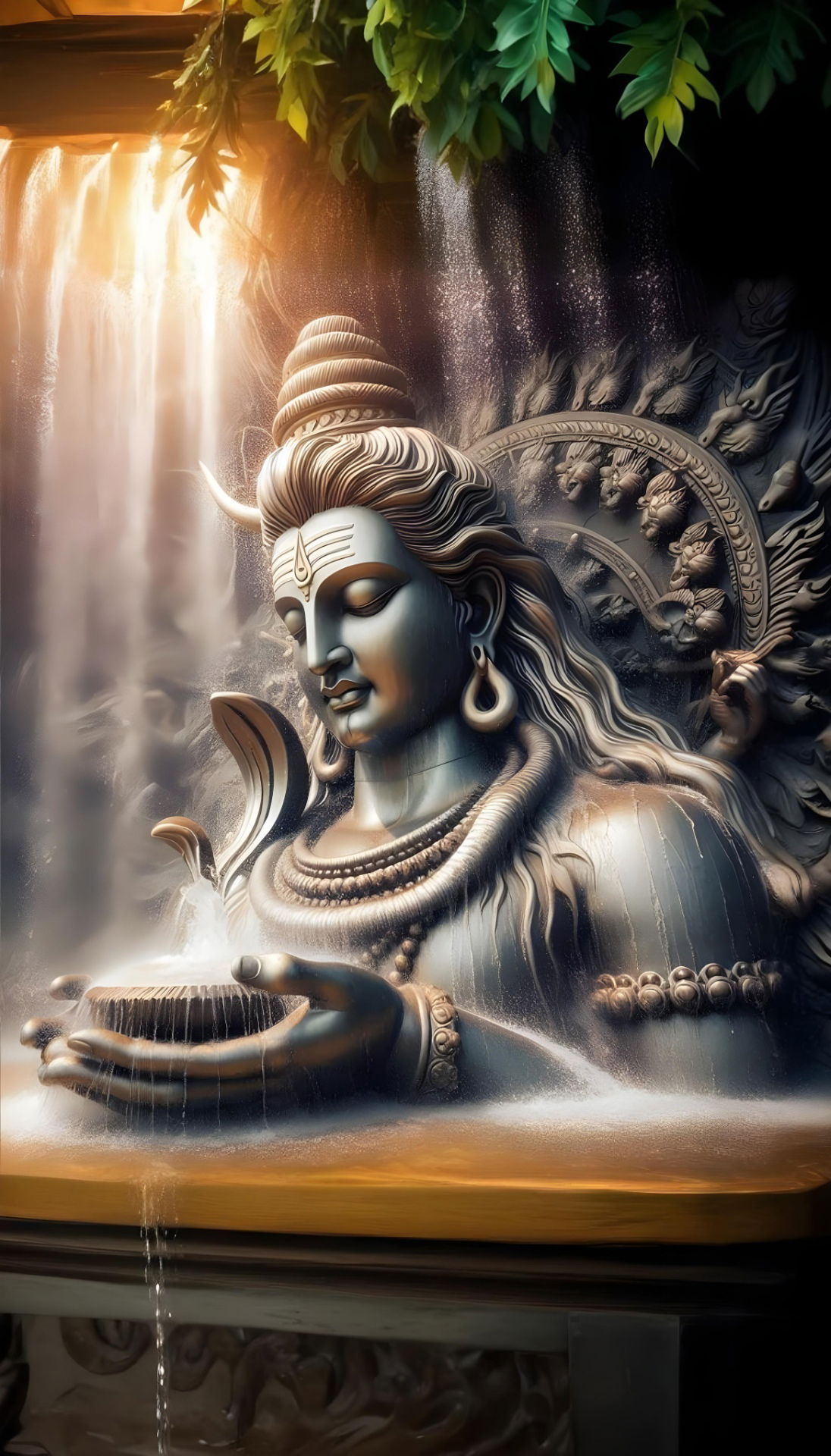 Meditating Shiva amidst cascading waterfall