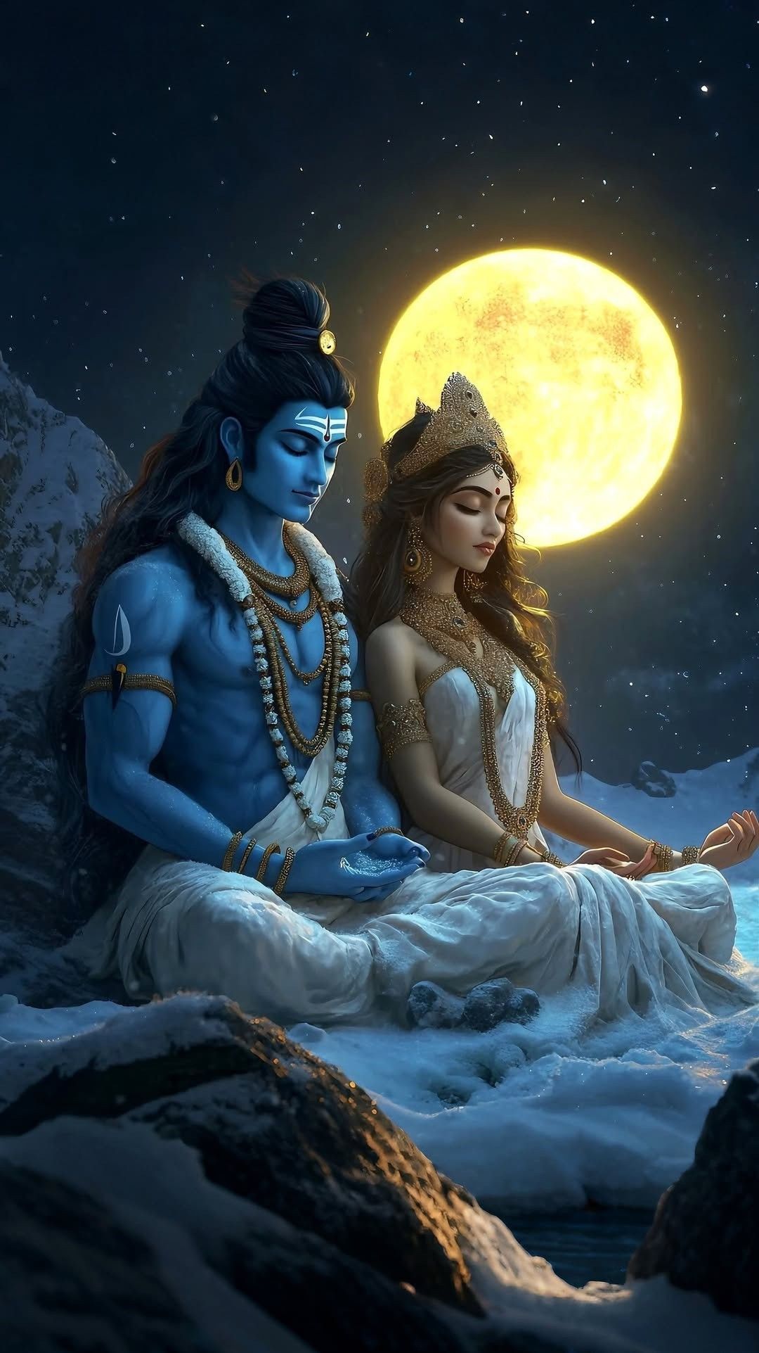 Shiva and Parvati meditating under the moon