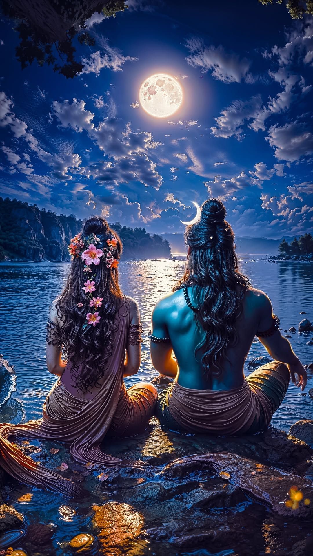 Shiva and Parvati meditating by a lake