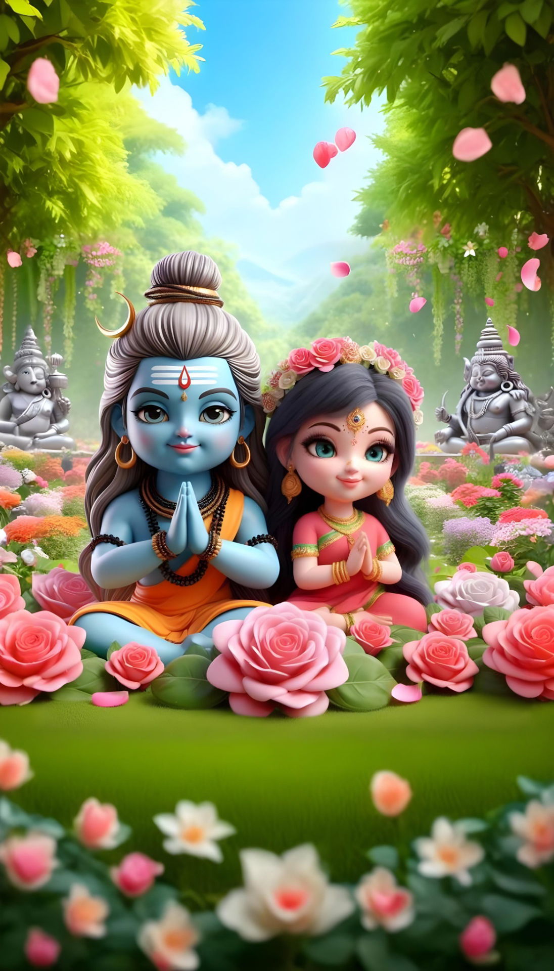 Shiva and Parvati in a flower garden