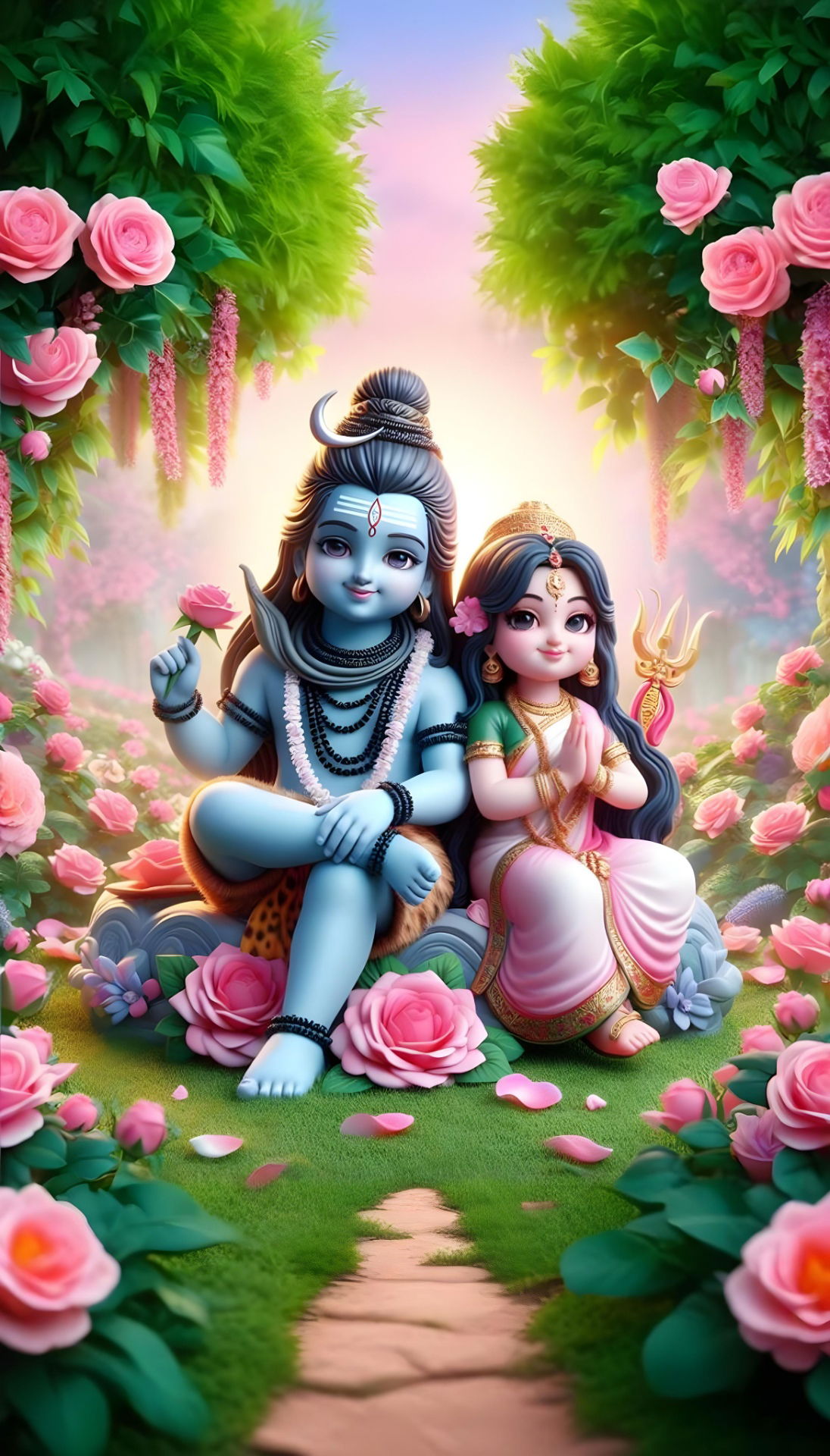 Shiva and Parvati amidst pink flowers
