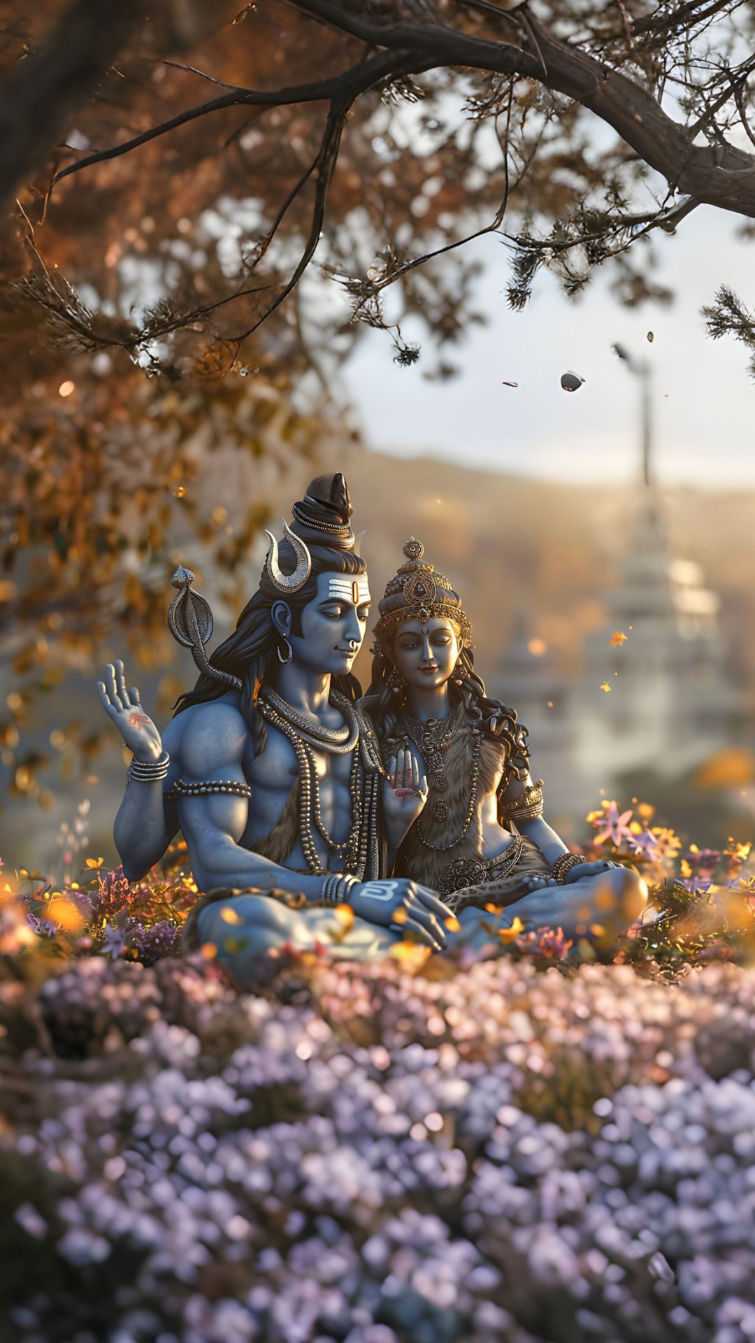 Shiva and Parvati among blooming flowers
