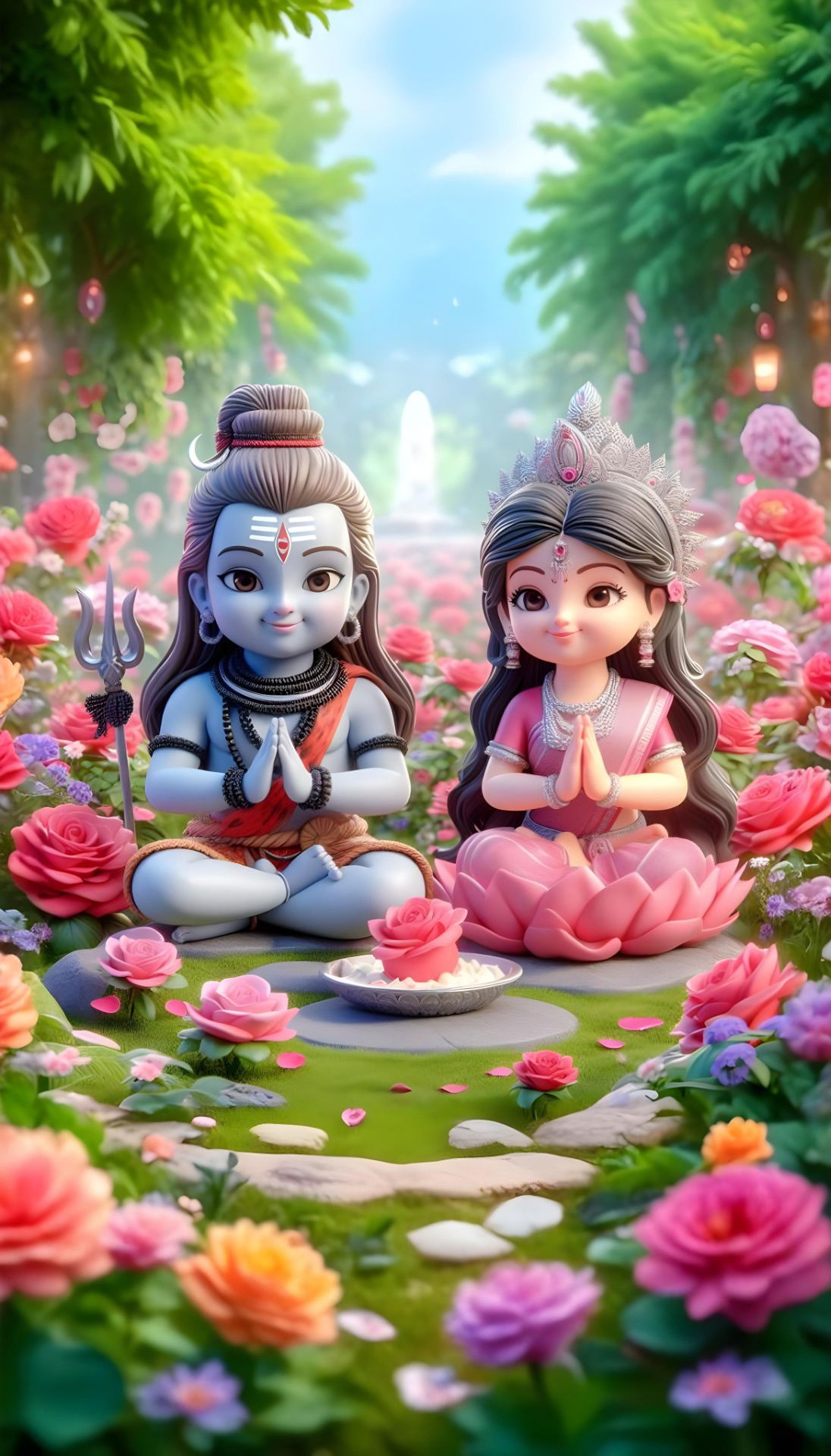 Shiva and Parvati in a flower garden