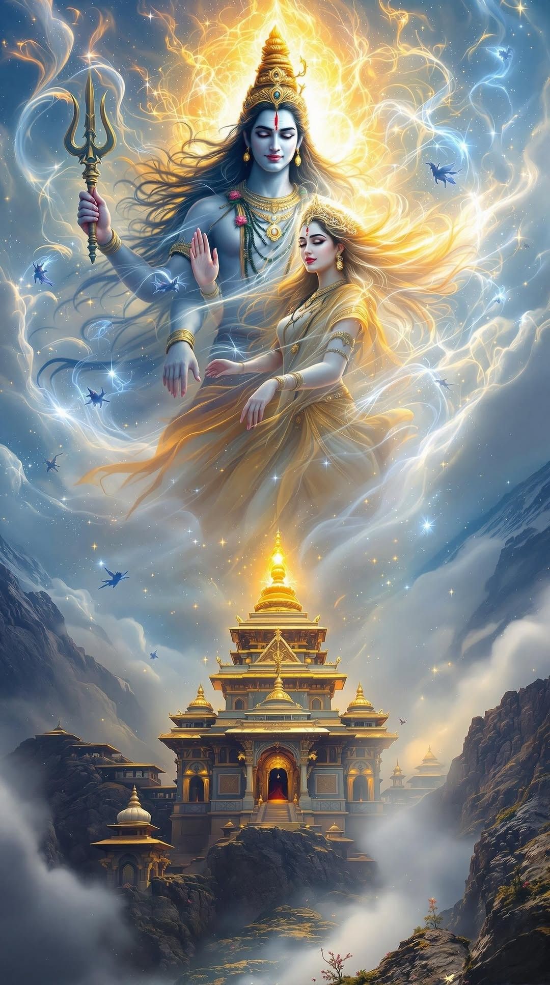 Shiva Parvati divine embrace temple background