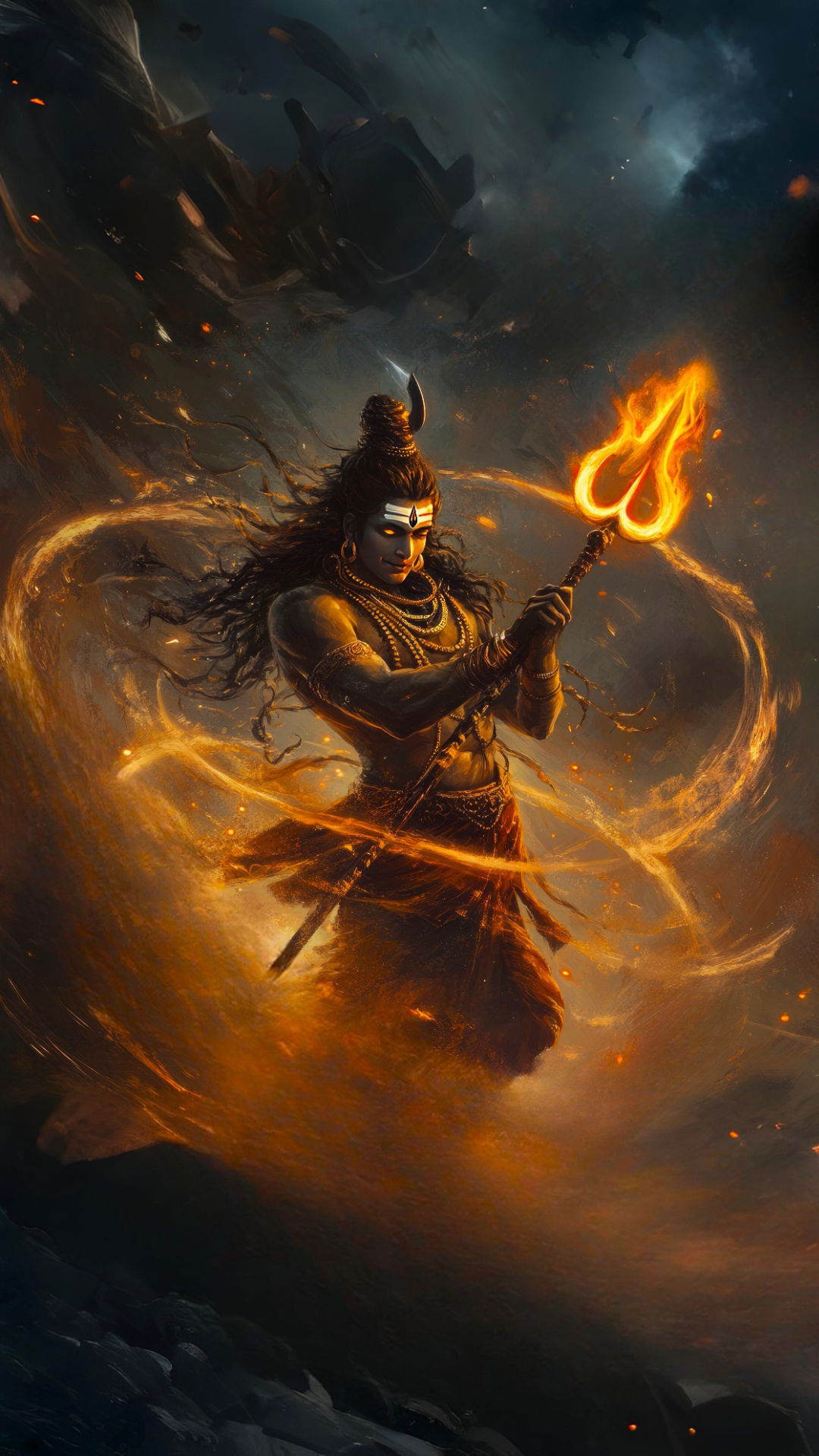 Fierce Shiva wielding fiery trident