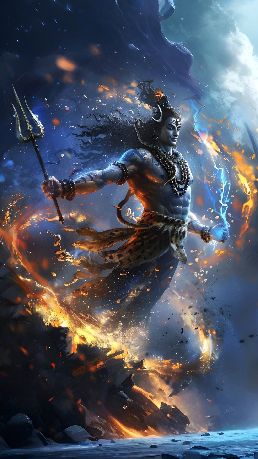 Powerful Shiva emerging from fiery energy