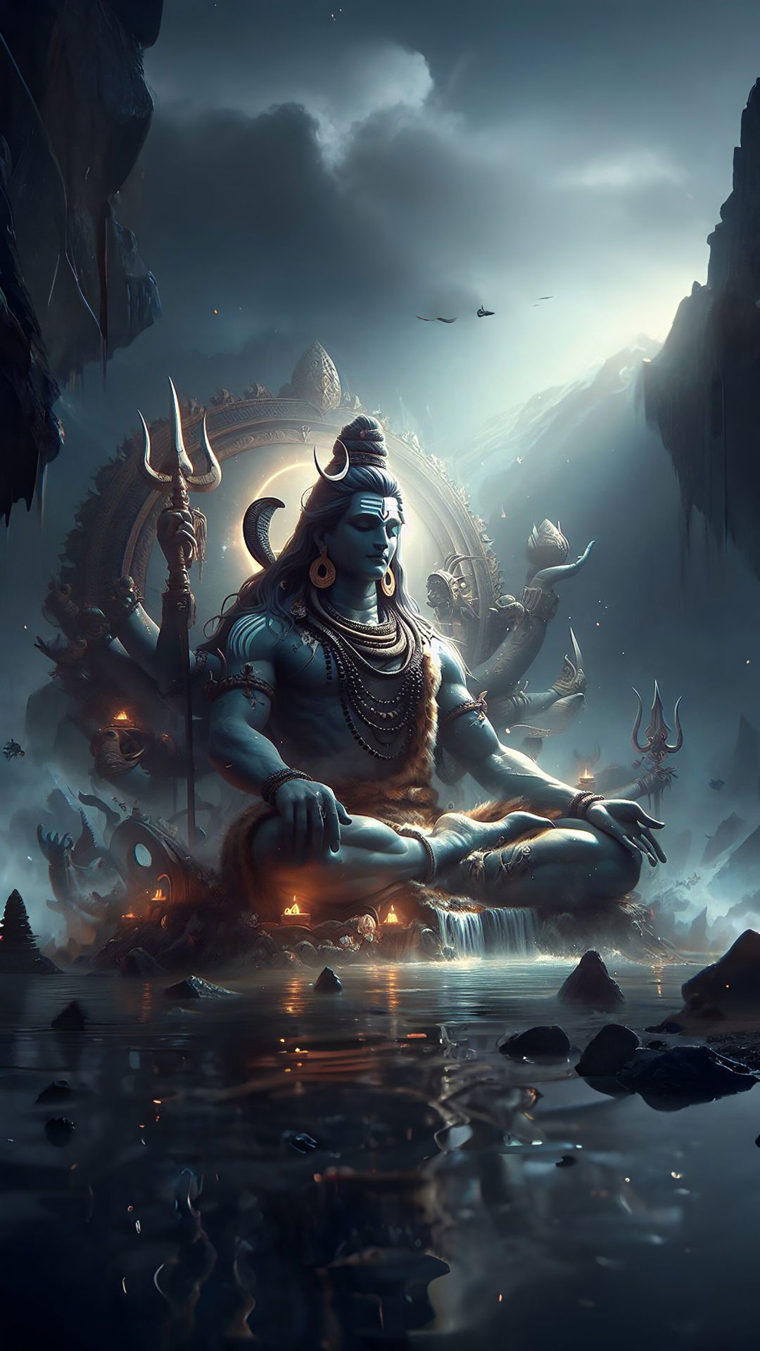 Meditating Shiva amidst mountains and waterfall