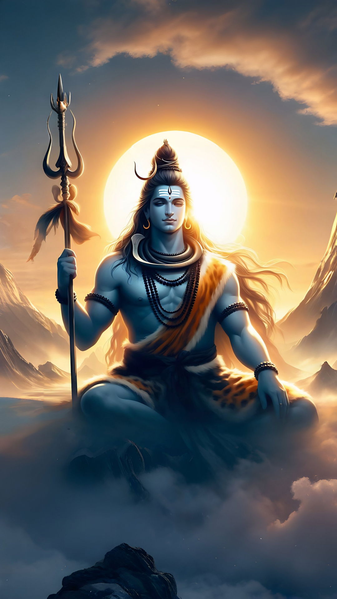 Meditating Shiva amidst golden sunlight.