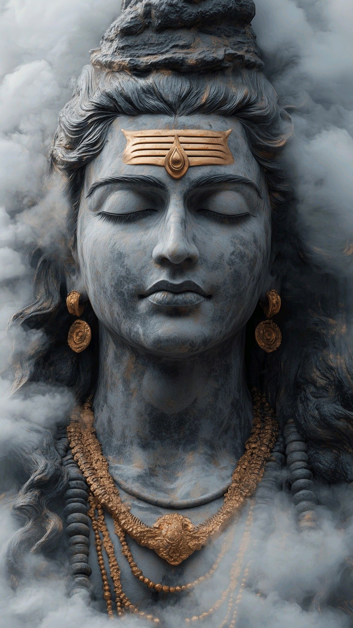 Lord Shiva face with clouds and gold.
