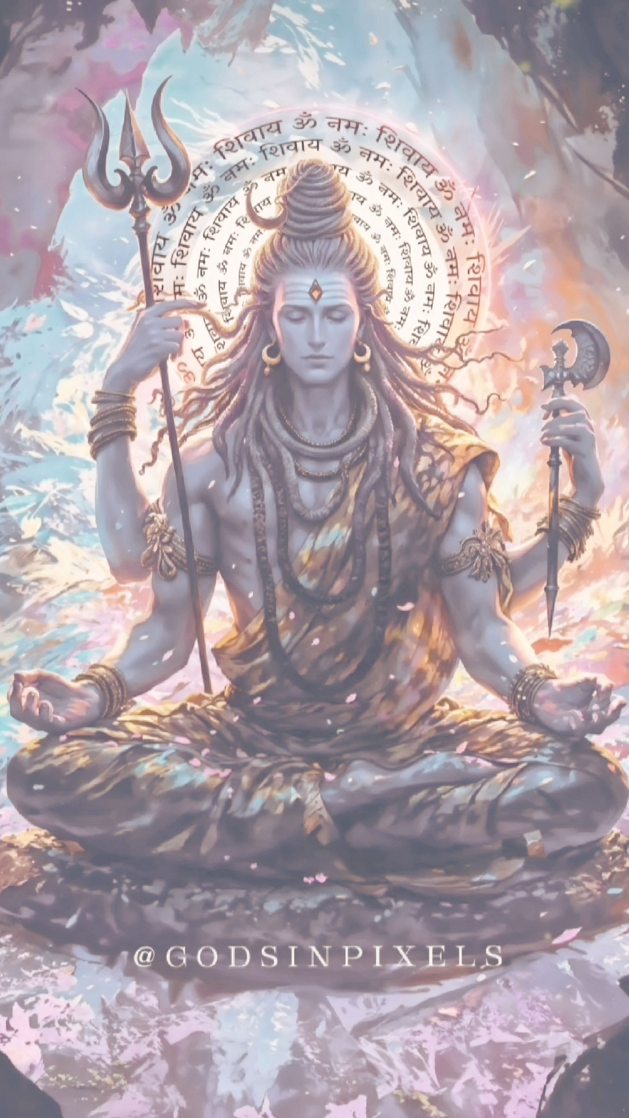 Meditating Shiva surrounded by mantras