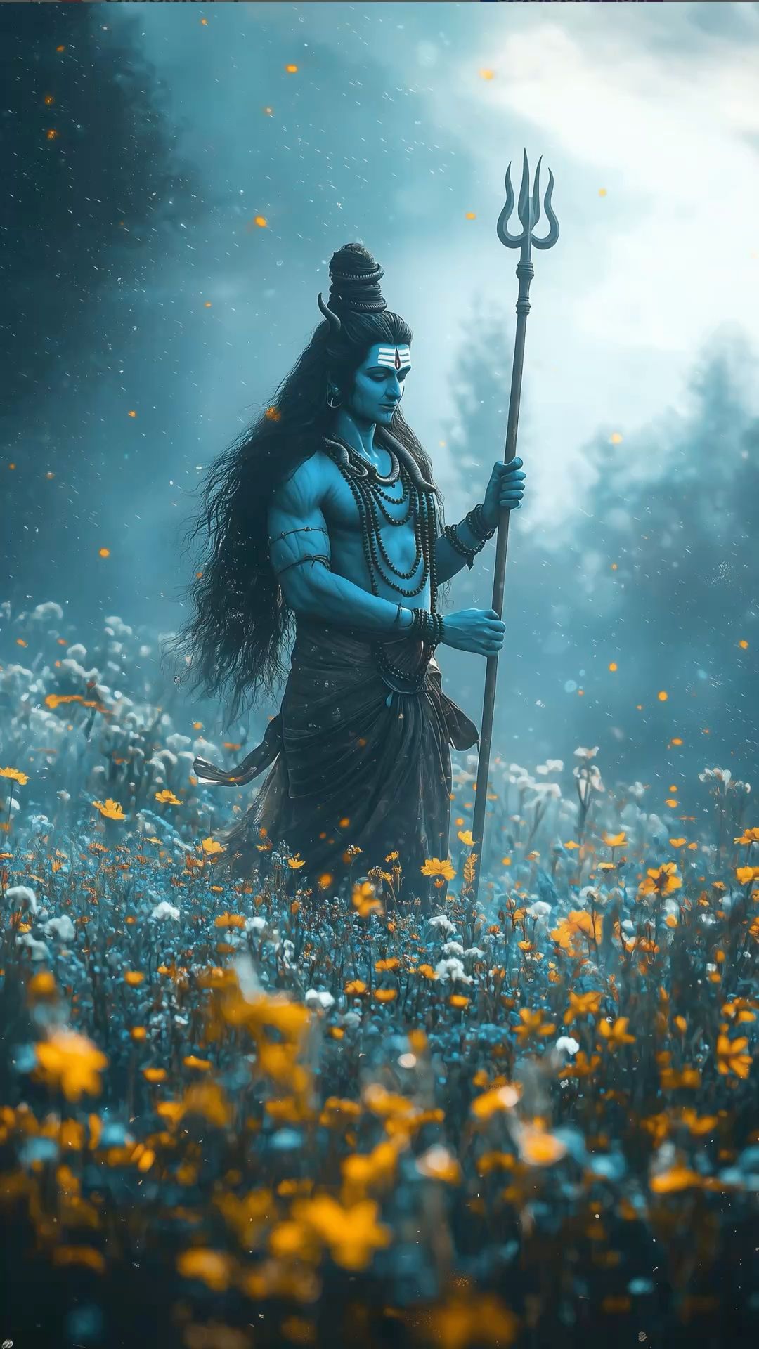 Blue-skinned Shiva with trident in flowers