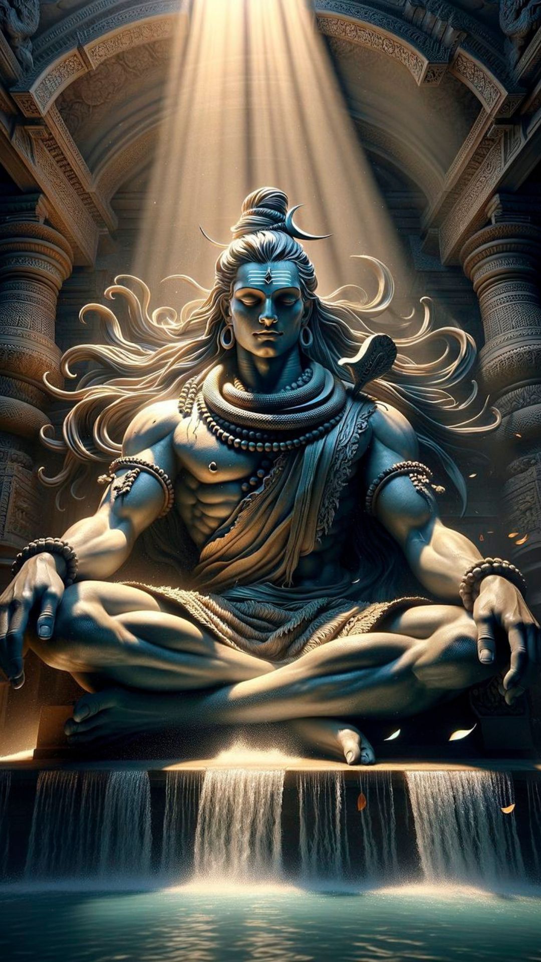 Meditating Shiva amidst a waterfall scene