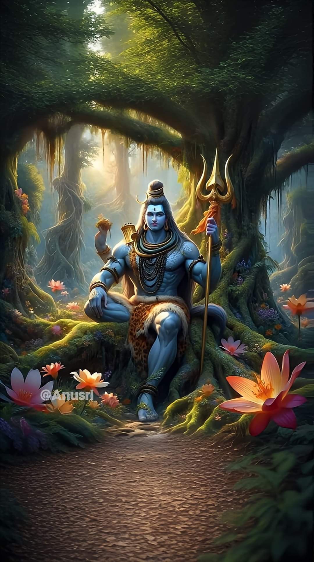 Lord Shiva meditating in a forest