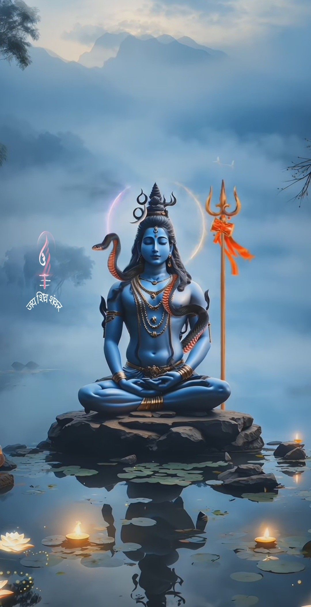 Meditating Shiva amidst mountains and water