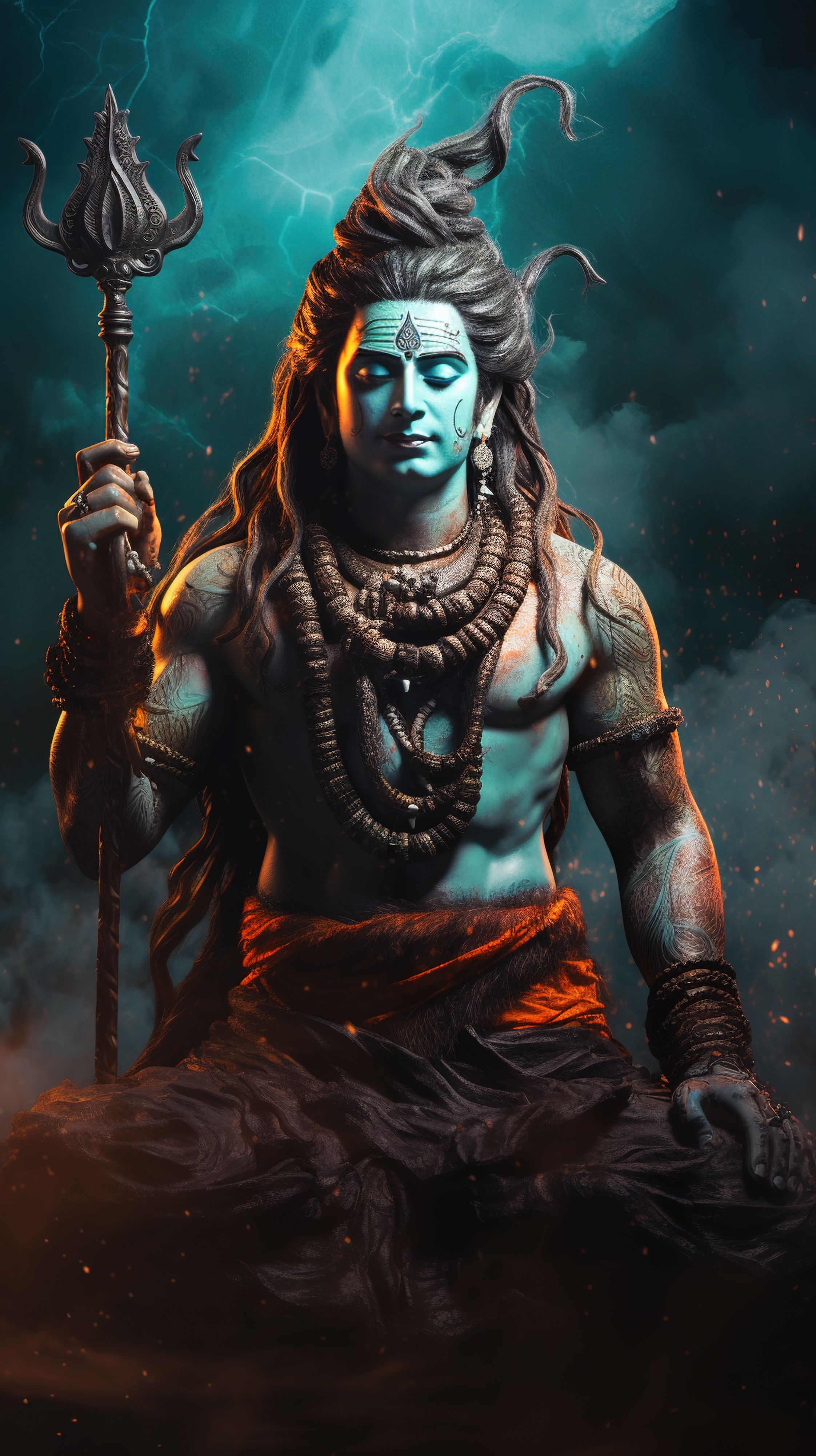 Meditating Shiva amidst a stormy backdrop