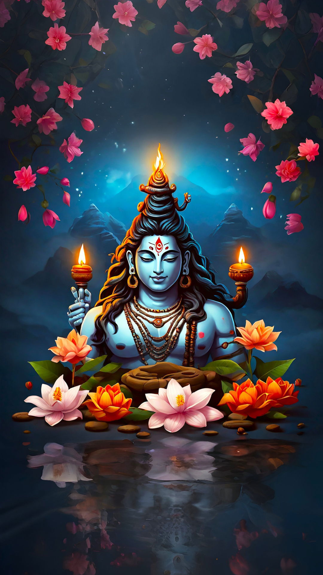 Meditating Shiva amidst lotus flowers.