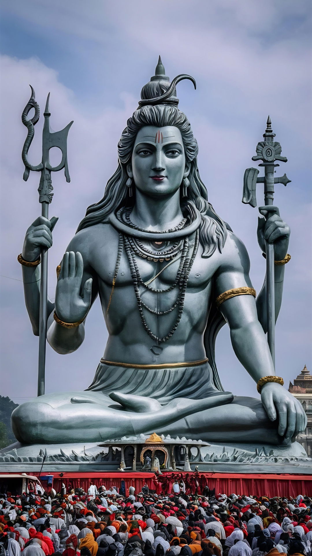 Meditating Shiva statue with devotees below