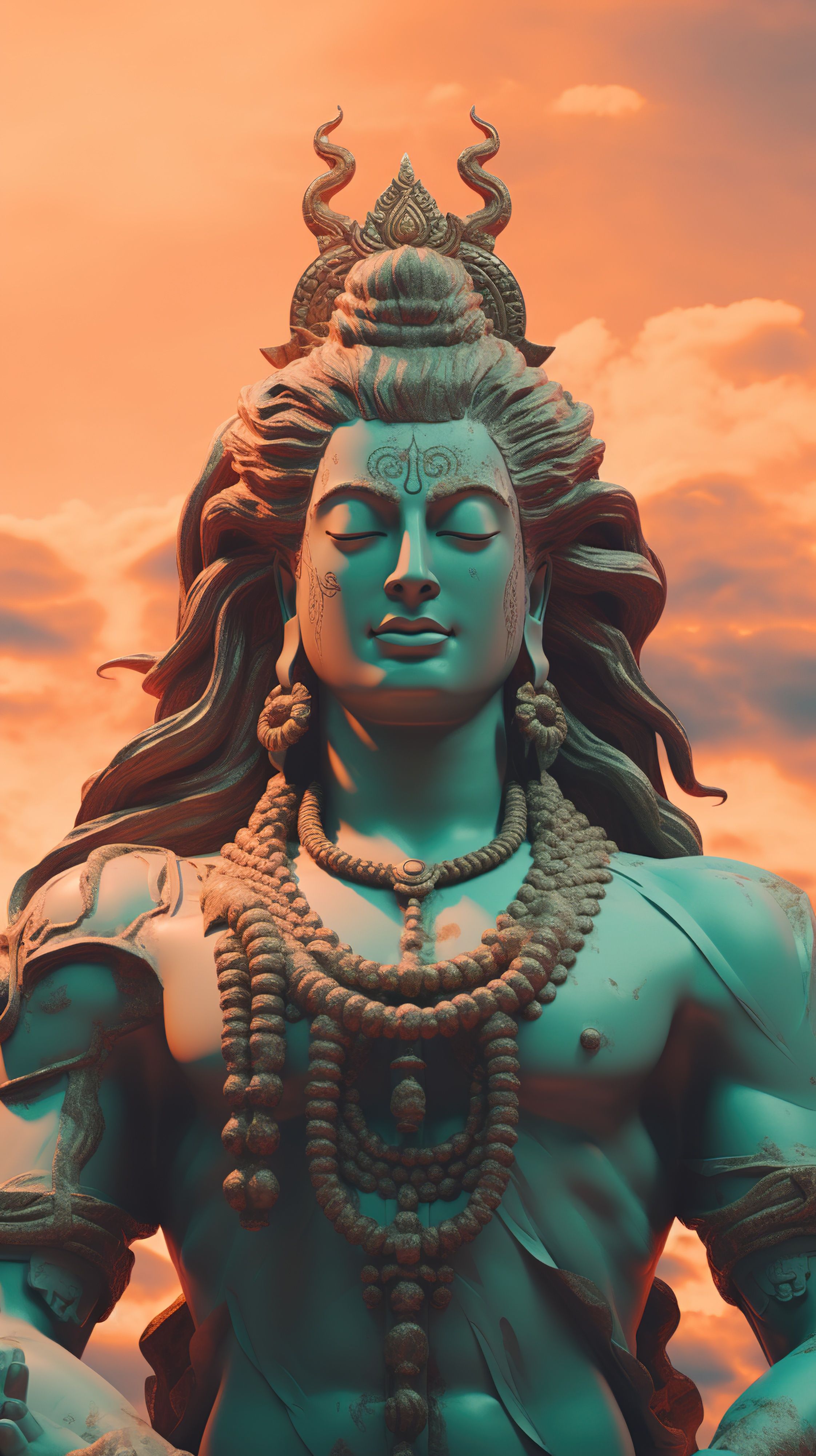 Meditating Shiva against orange sunset