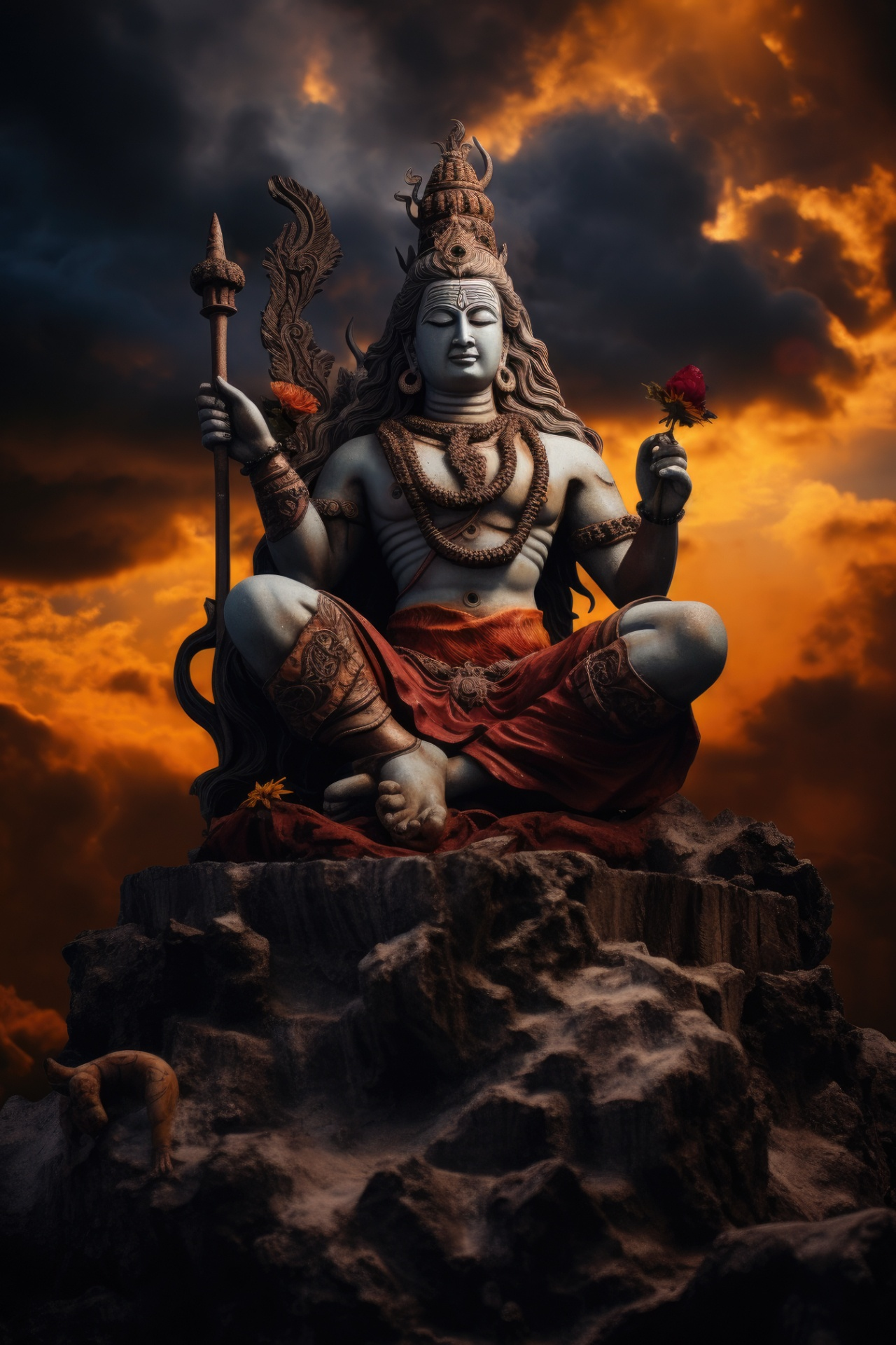 Meditating Shiva amidst fiery clouds