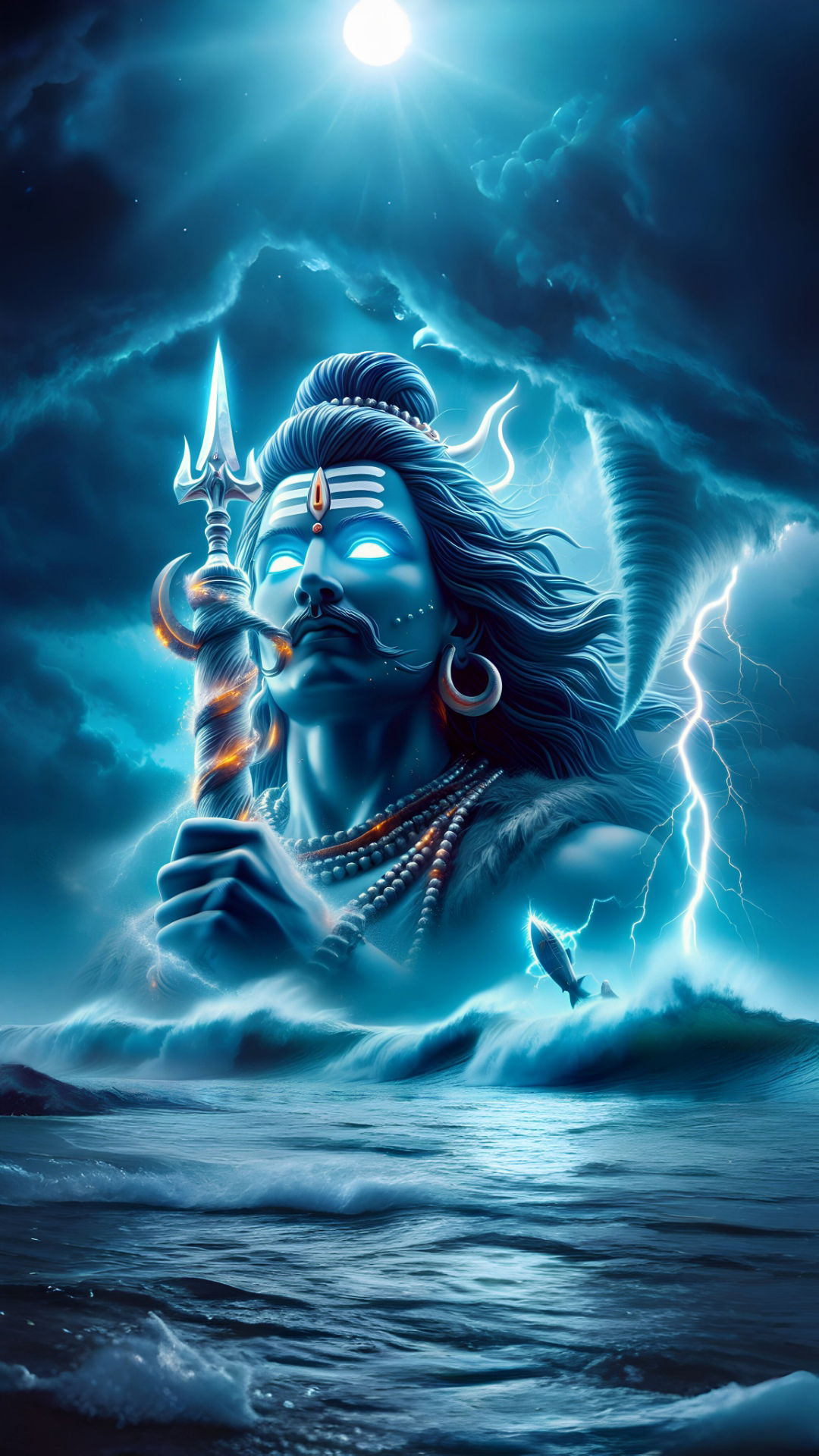 Blue-skinned Shiva amidst stormy ocean